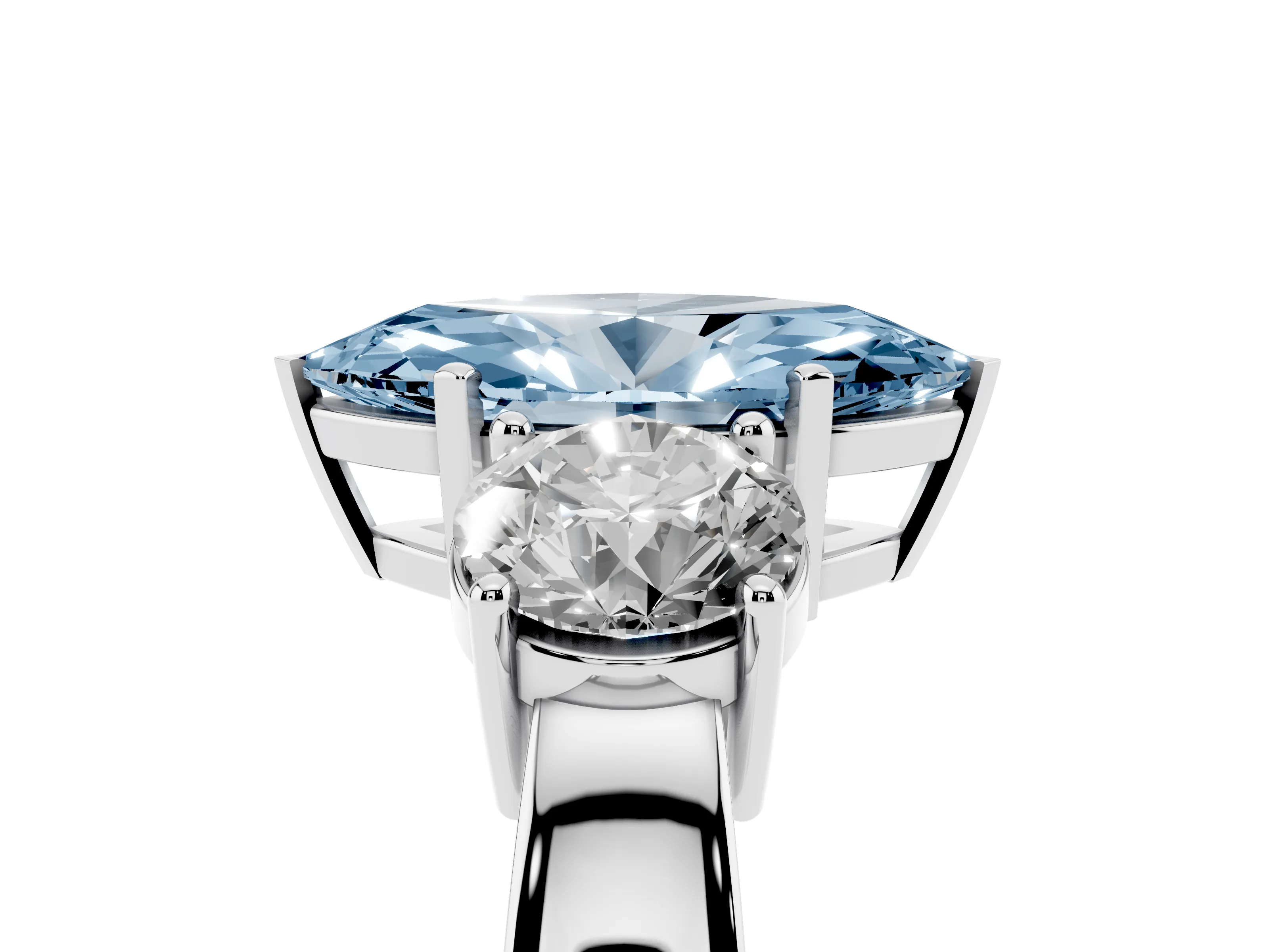 Fancy Blue Marquise Cut Diamond Three-Stone Ring Set in Platinum with Round Side Stones and Classic Band
