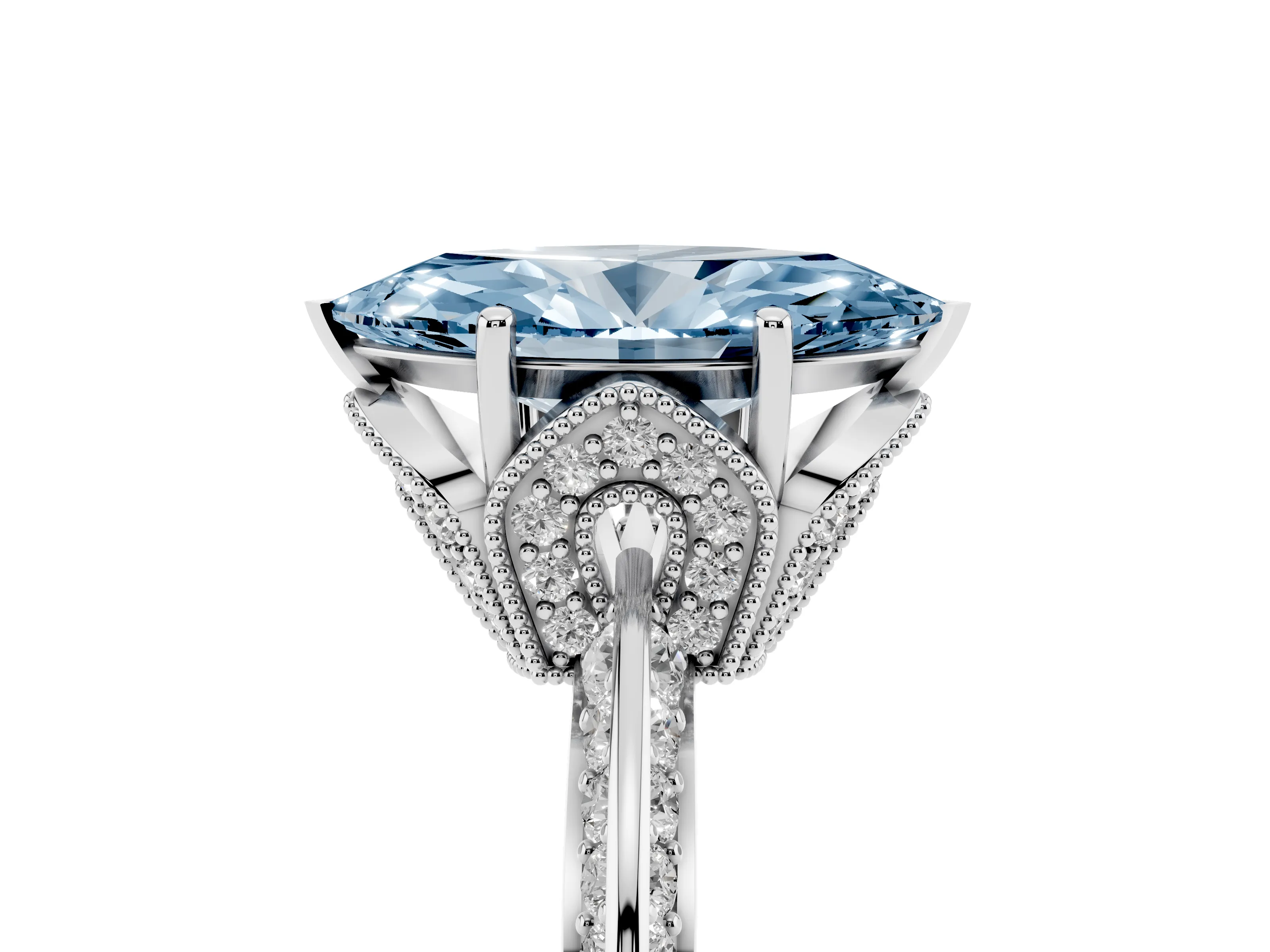 Fancy Blue Marquise Cut Diamond Solitaire Engagement Ring Set in Platinum with Pavé Split Shank and Prong Setting