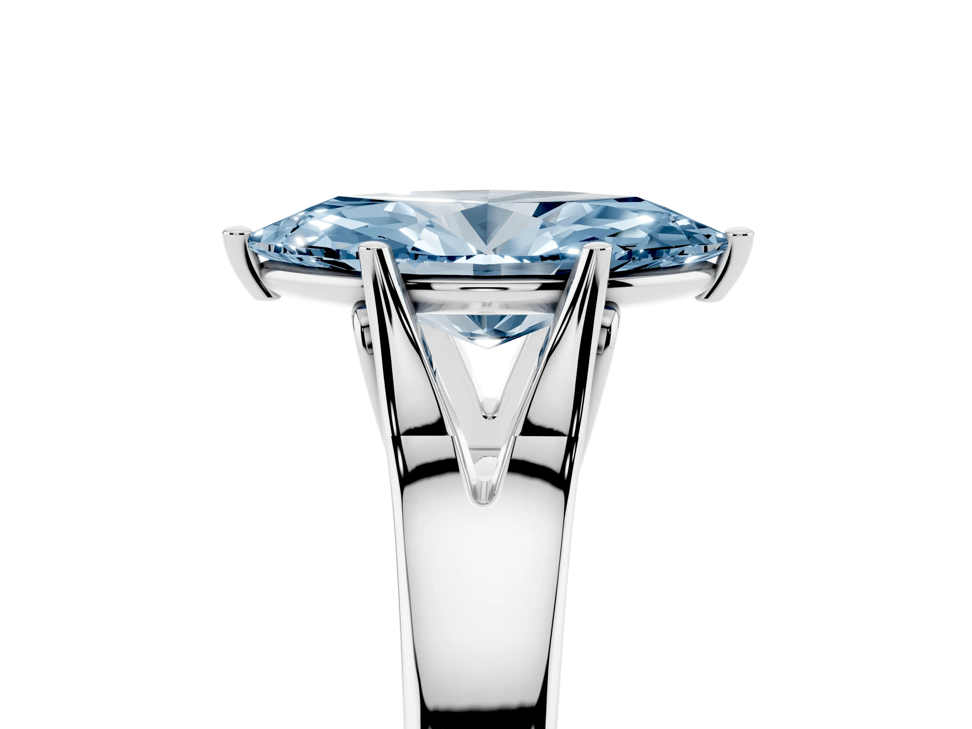 Fancy Blue Marquise Cut Diamond Solitaire Ring Set in White gold with Arched Cathedral Band and Prong Setting