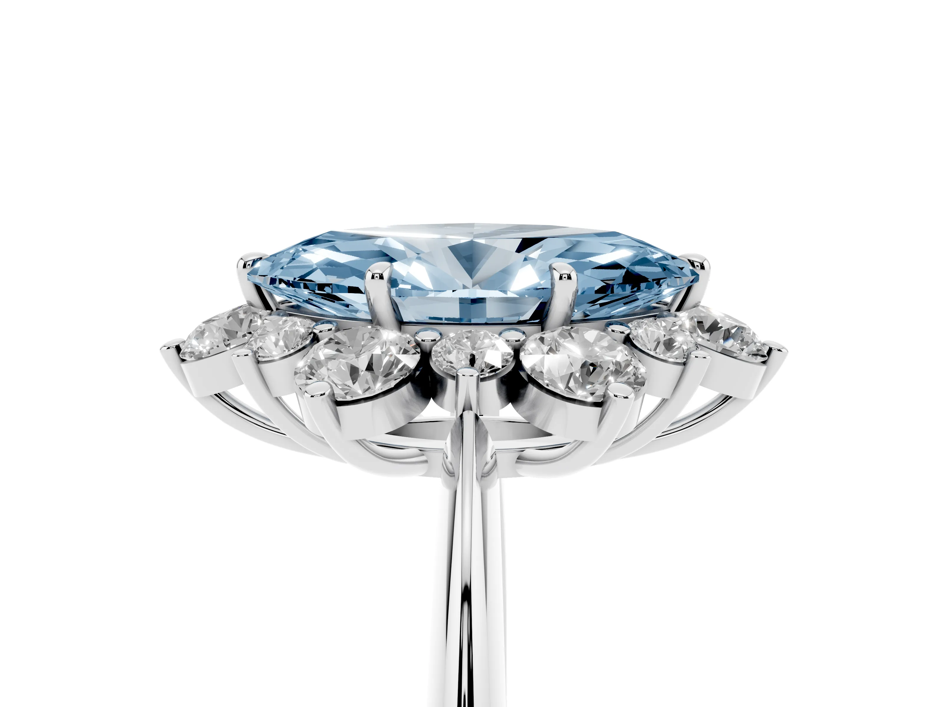 Fancy Blue Marquise Cut Diamond Cluster Halo Ring Set in Platinum with Solitaire Band and Prong Setting