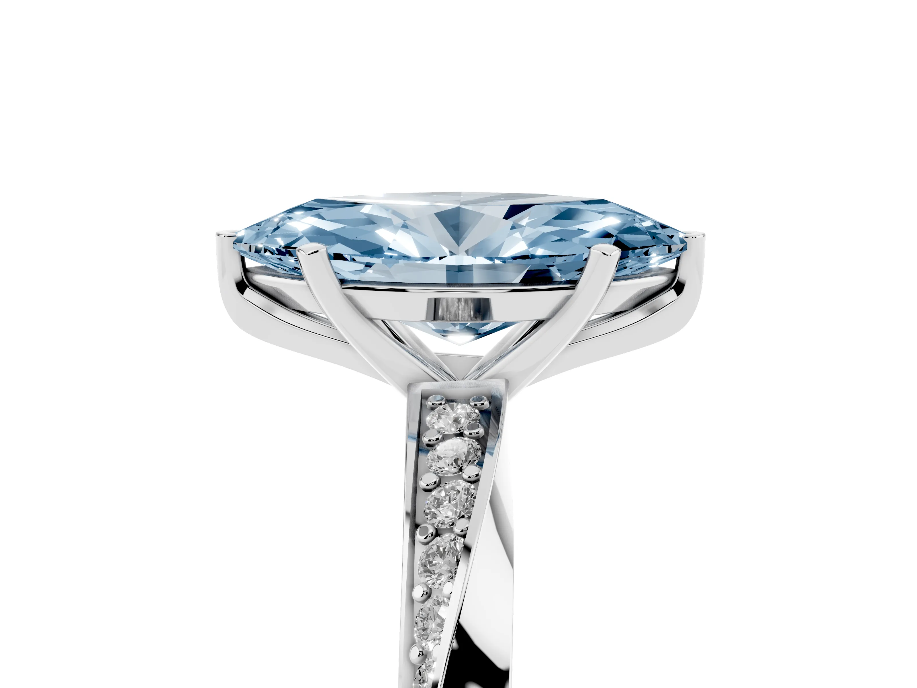 Fancy Blue Marquise Cut Diamond Engagement Ring Set in Platinum with Side Stone Accents and Prong Setting
