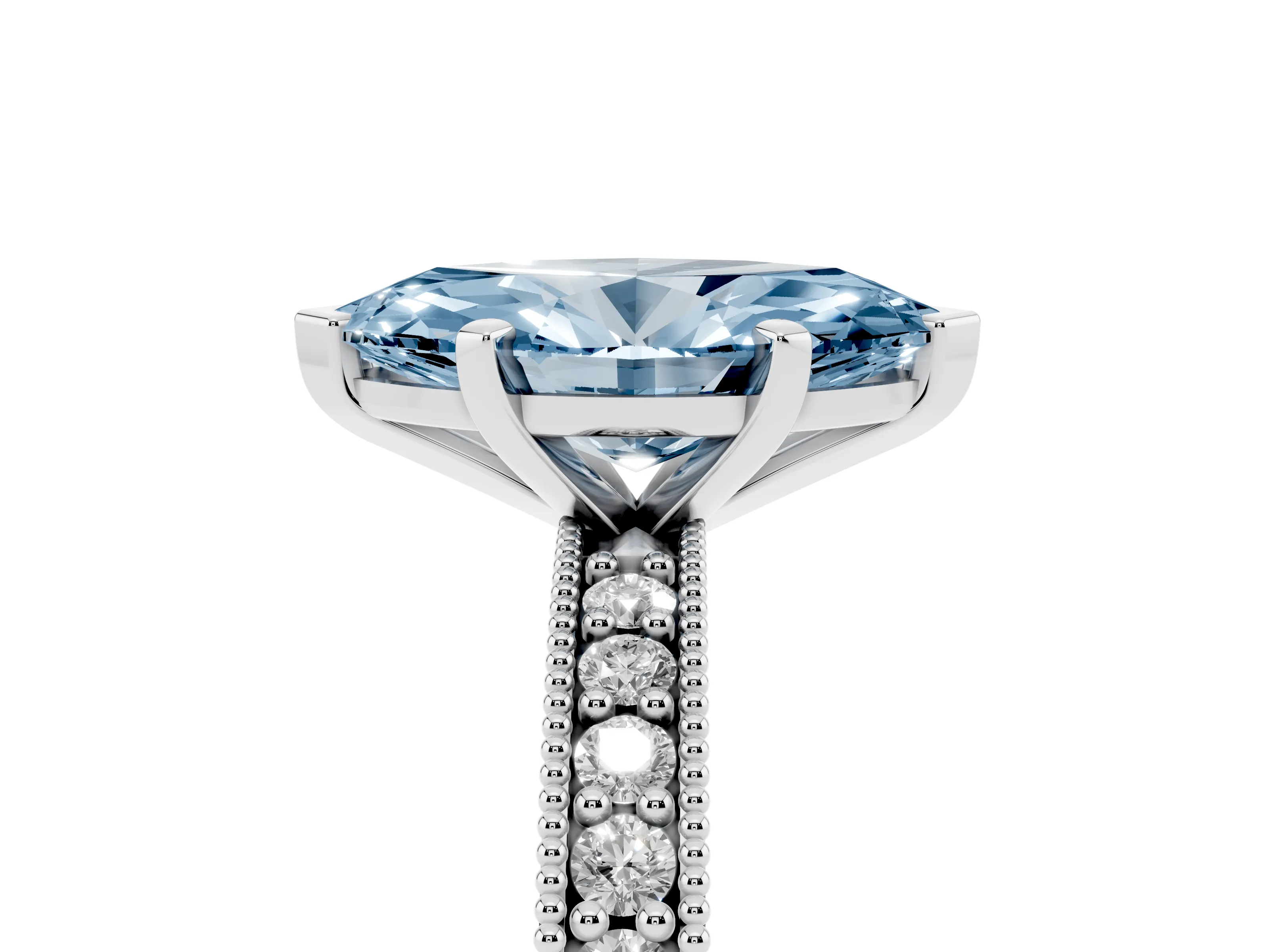 Fancy Blue Marquise Cut Diamond Milgrain Pavé Engagement Ring Set in Platinum with Prong Setting