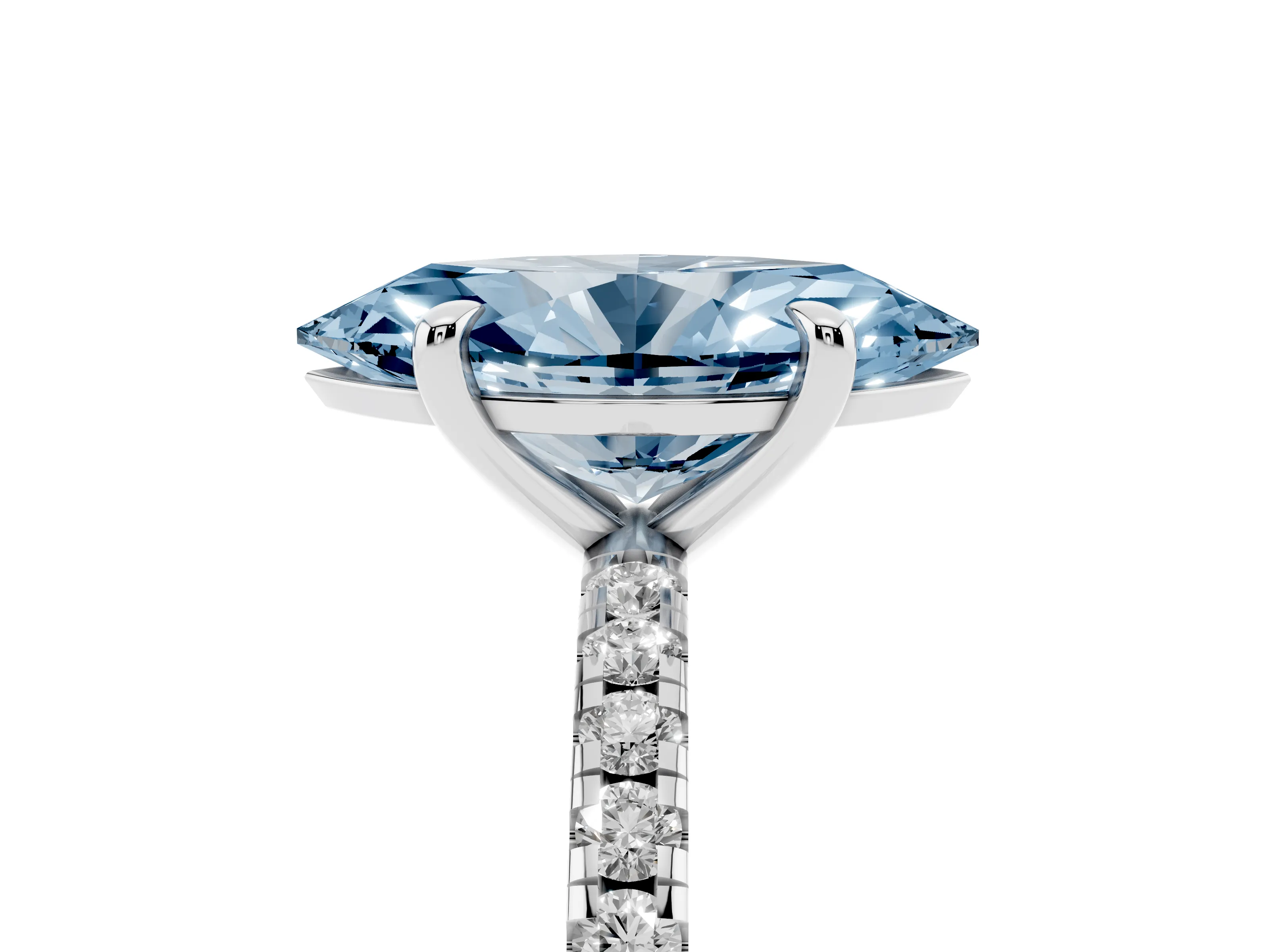 Fancy Blue Marquise Cut Diamond Brilliant Solitaire Ring Set in White gold with Pavé Band and Prong Setting