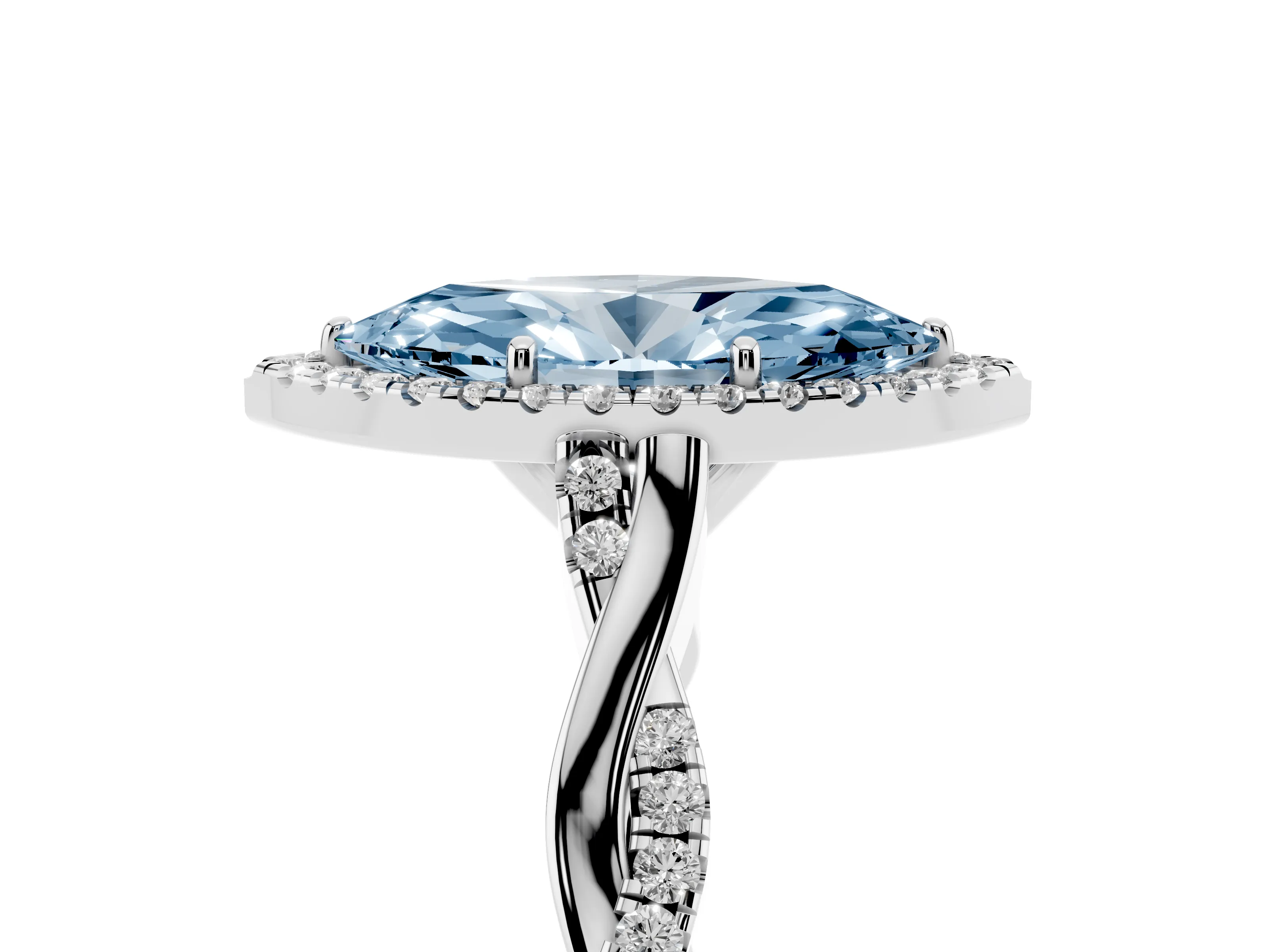 Fancy Blue Marquise Cut Diamond Halo Twist Band Solitaire Ring Set in White gold with Prong Setting