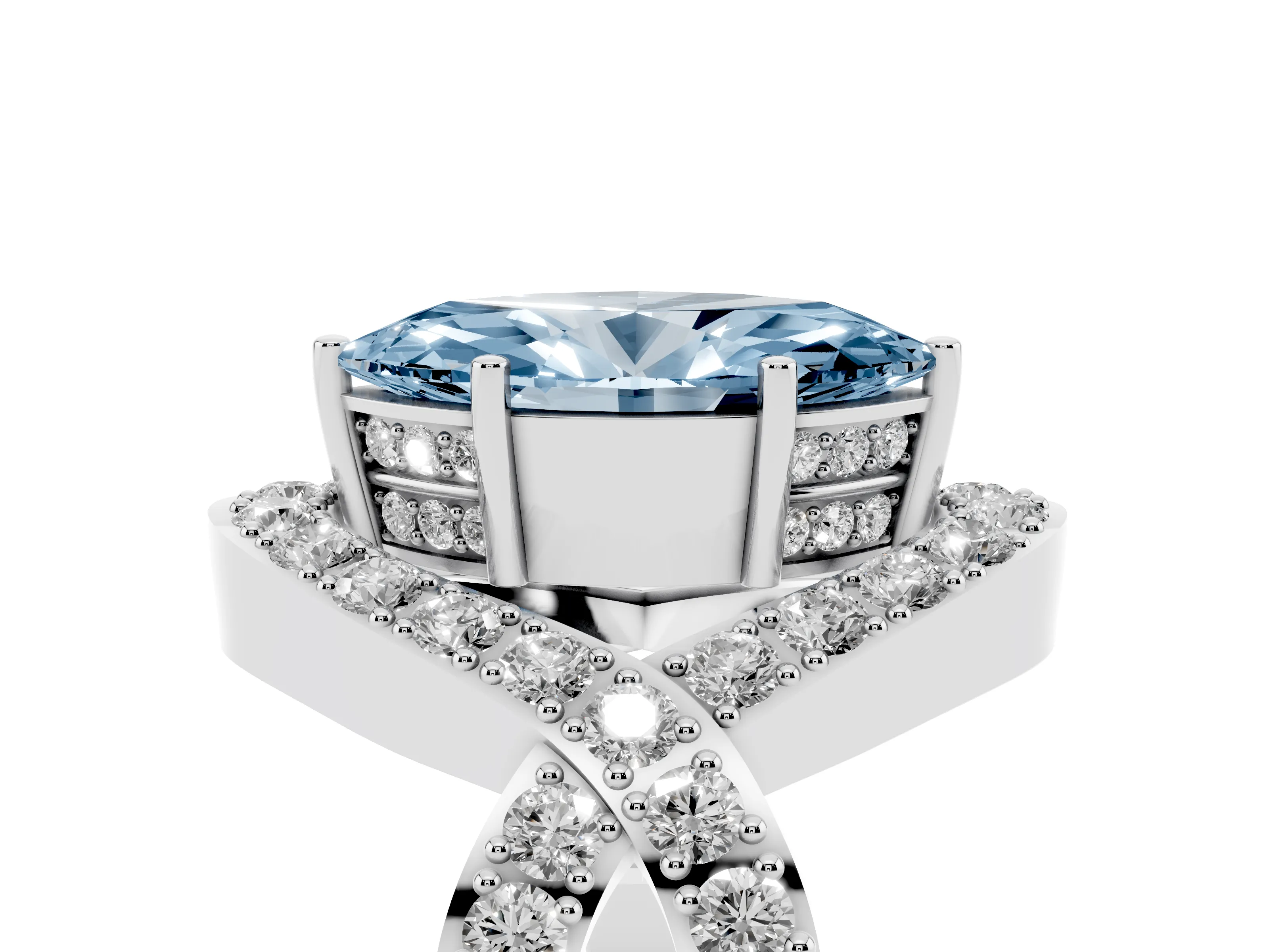 Fancy Blue Marquise Cut Diamond Solitaire Twist Band Pavé Engagement Ring Set in Silver
