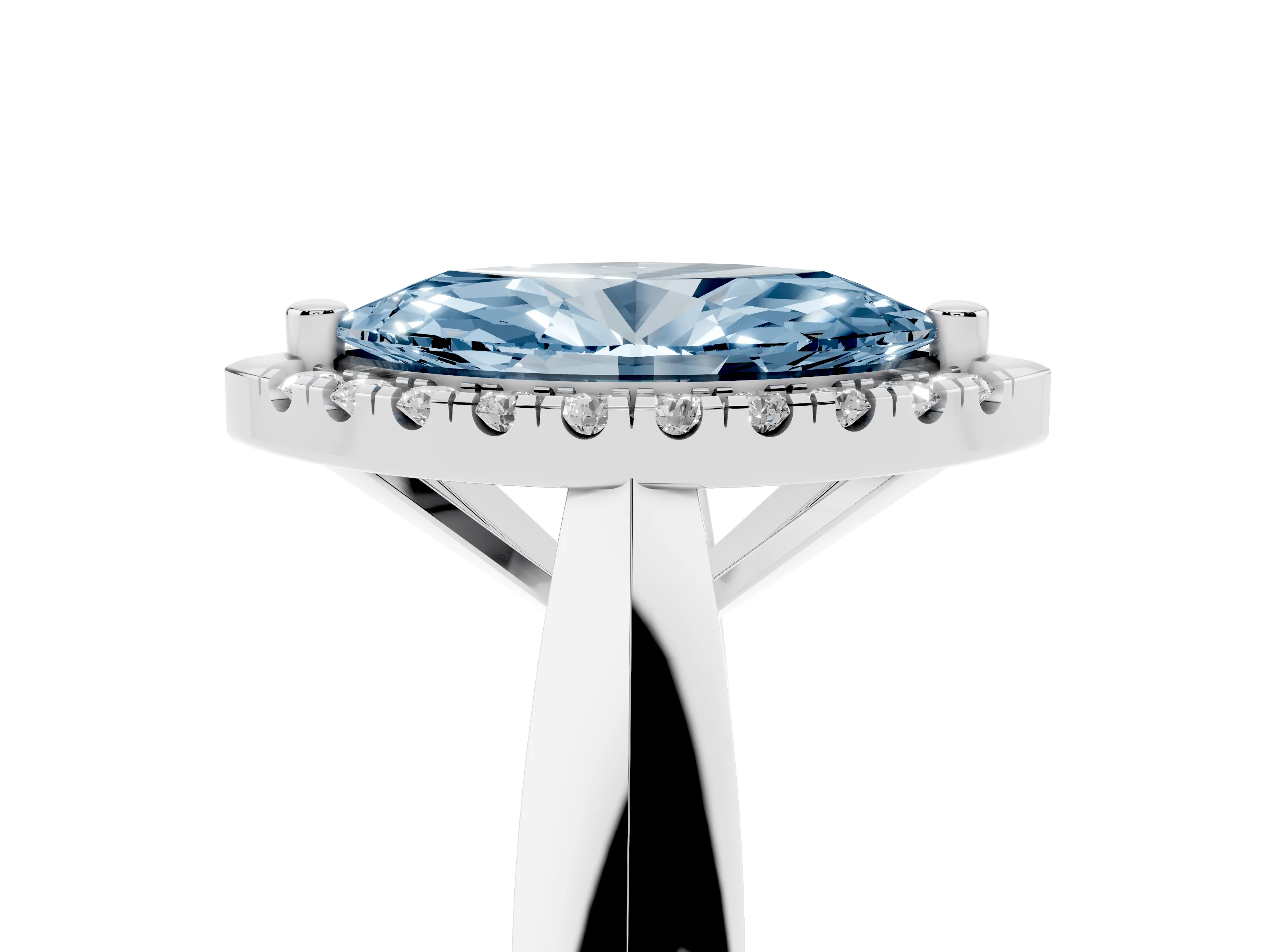 Fancy Blue Marquise Cut Diamond Halo Solitaire Engagement Ring Set in Platinum with Square Band and Prong Setting