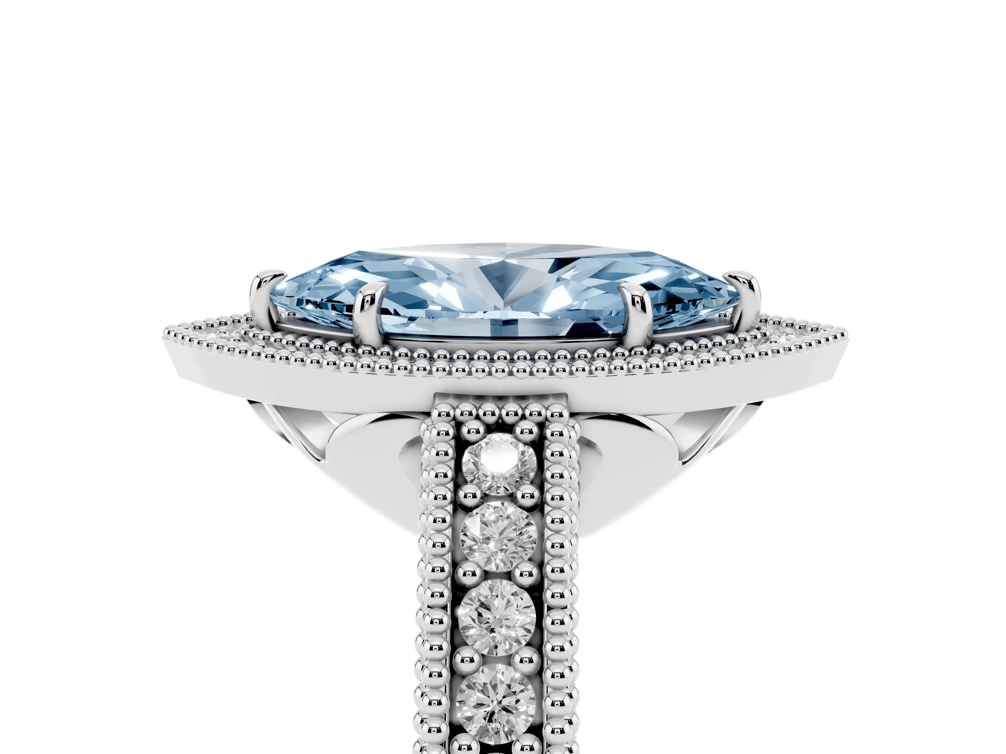 Fancy Blue Marquise Cut Diamond Halo Ring Set in White gold with Round Accent Halo, Pavé Band and Prong Setting