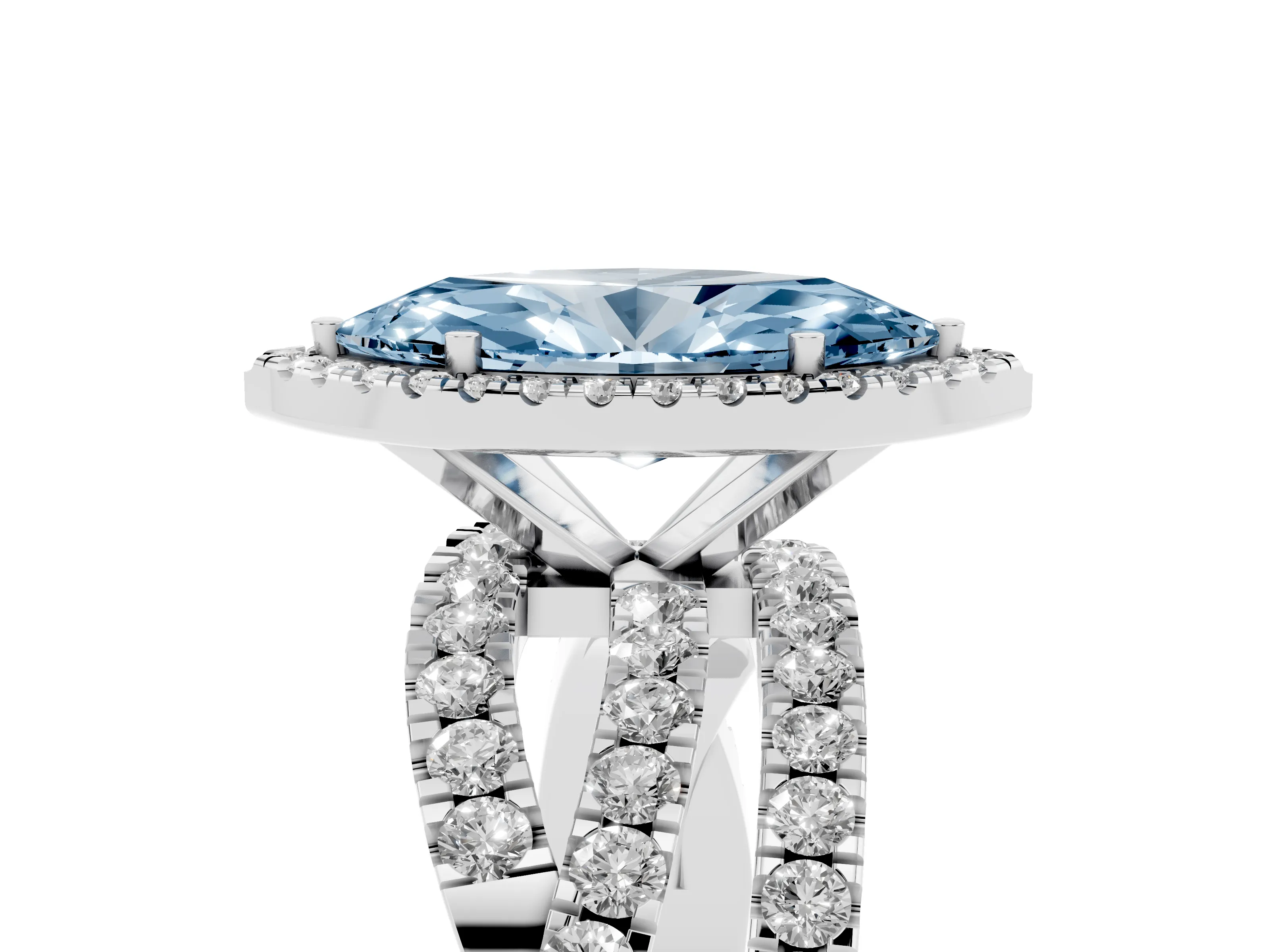 Fancy Blue Marquise Cut Diamond Halo Ring Set in White gold with Round Crossover Split Shank and Prong Setting