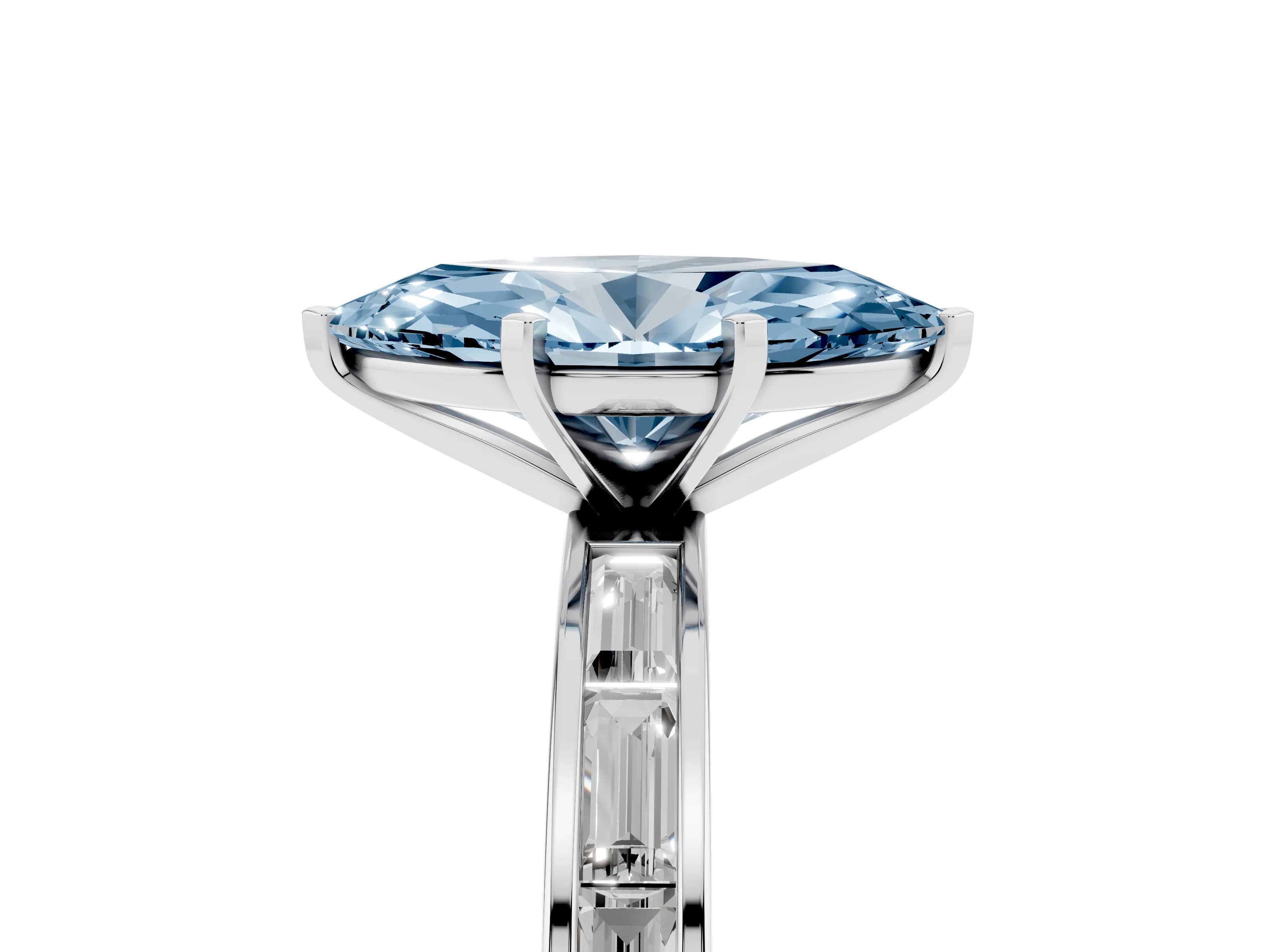 Fancy Blue Marquise Cut Diamond Solitaire Ring Set in White gold with Channel-Set Baguette Band and Prong Setting