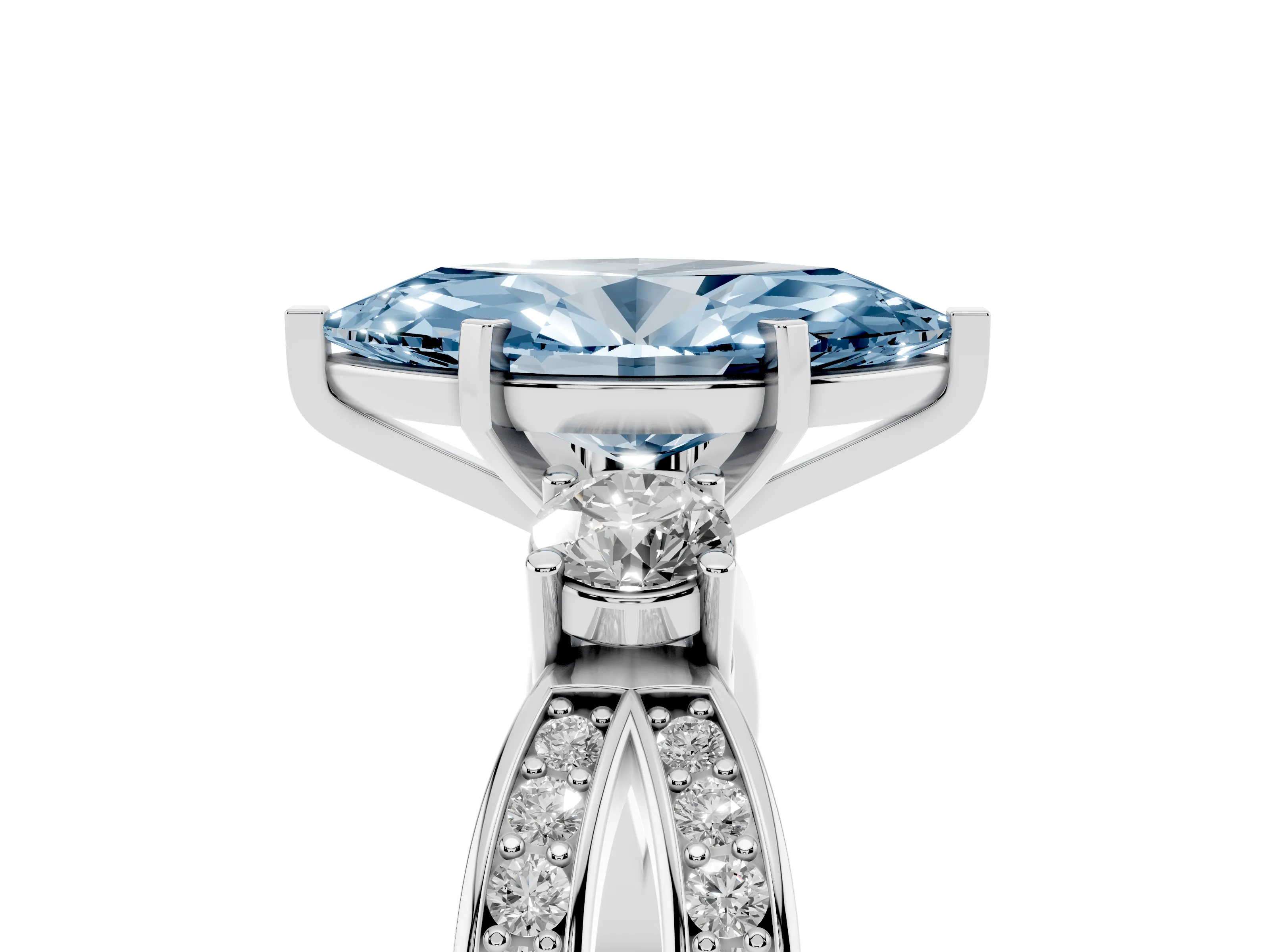 Fancy Blue Three-Stone Marquise Cut Diamond Twist Band Ring Set in White gold with Pavé Accents and Prong Setting