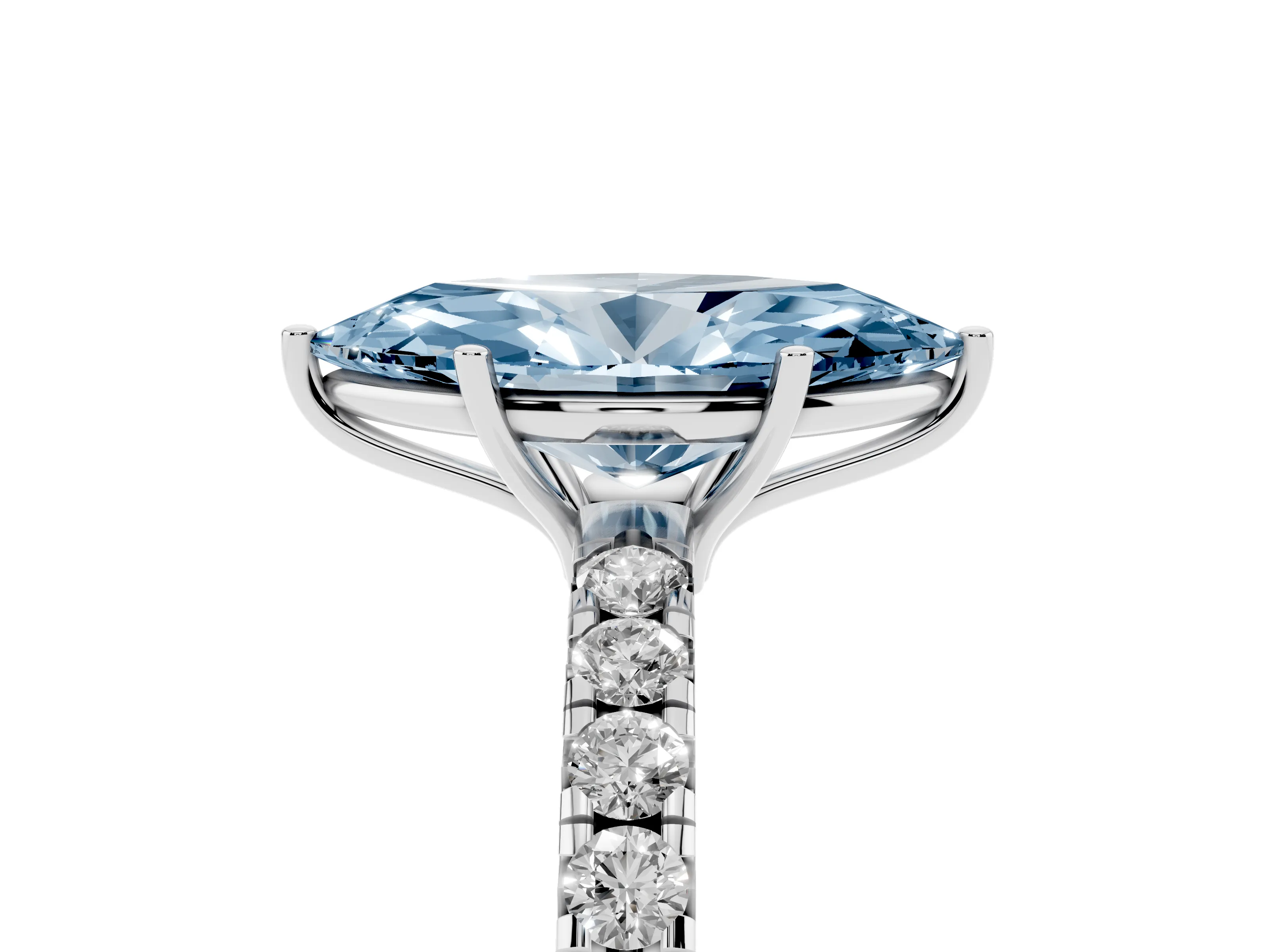 Fancy Blue Marquise Cut Diamond Pavé Solitaire Engagement Ring Set in White gold with Prong Setting