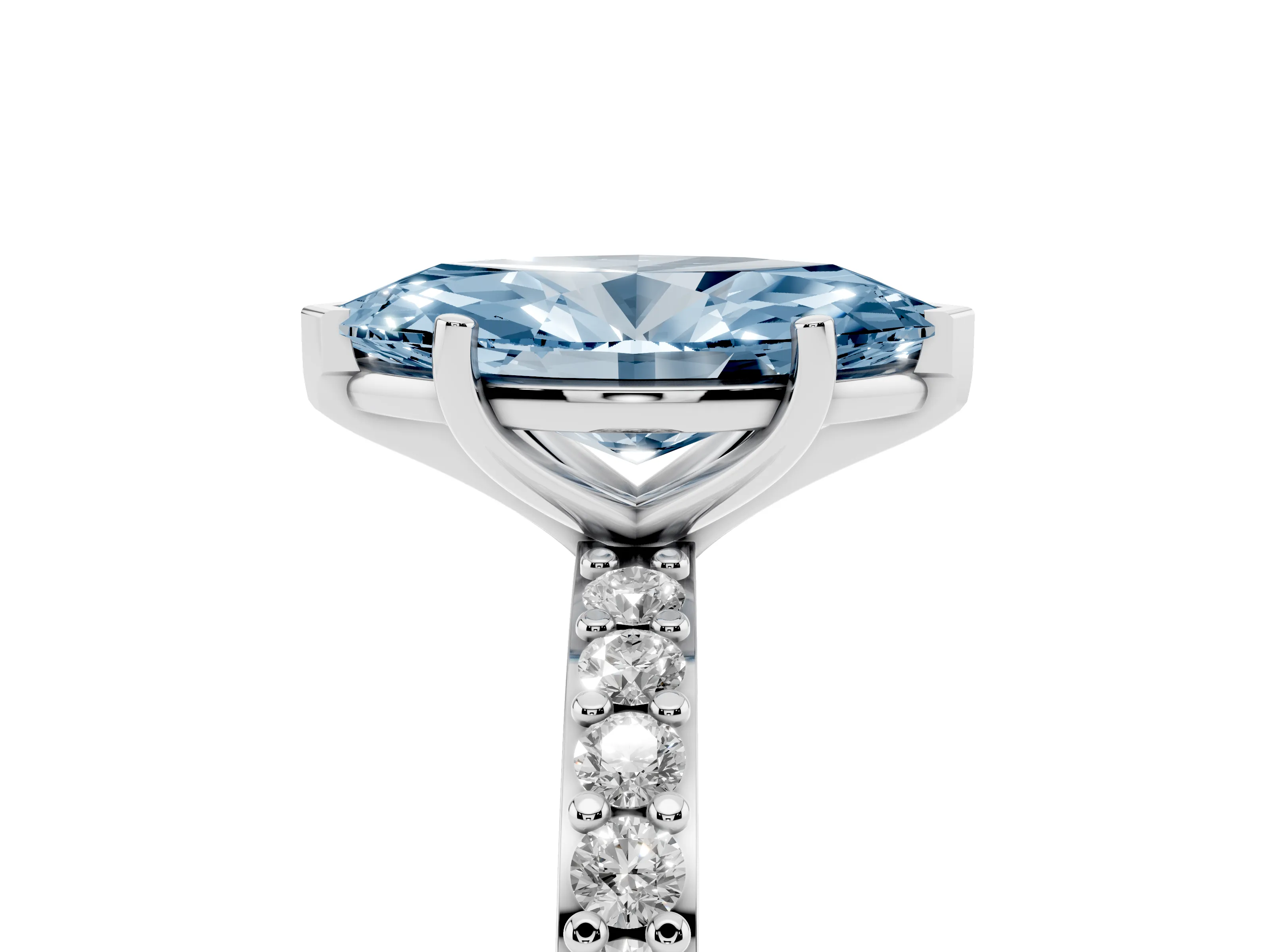 Fancy Blue Marquise Cut Diamond Solitaire Set in Silver with Round Pavé Band and Prong Setting