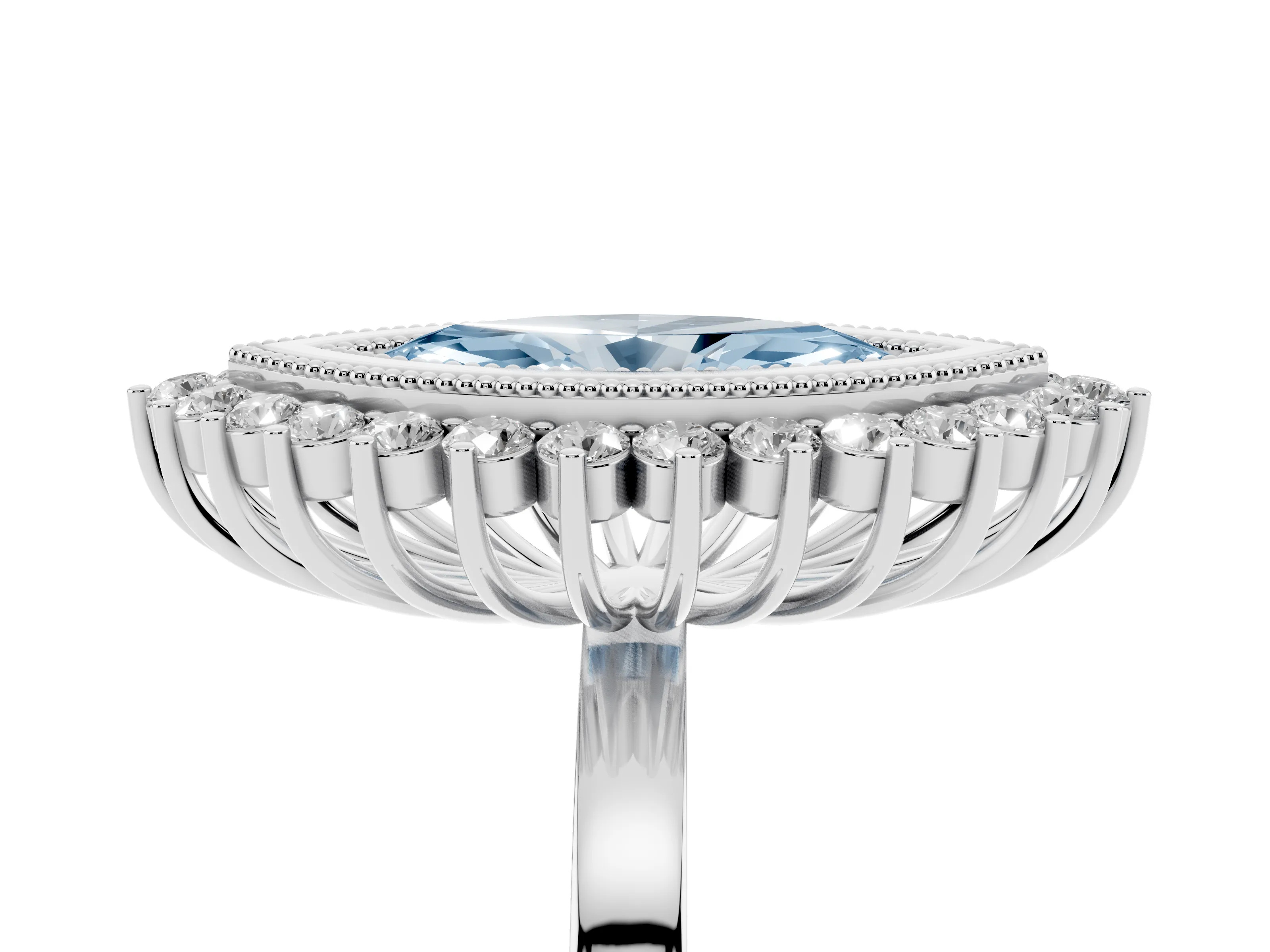 Fancy Blue Marquise Cut Diamond Halo Ring Set in Platinum with Milgrain Edge and Round Prong Setting