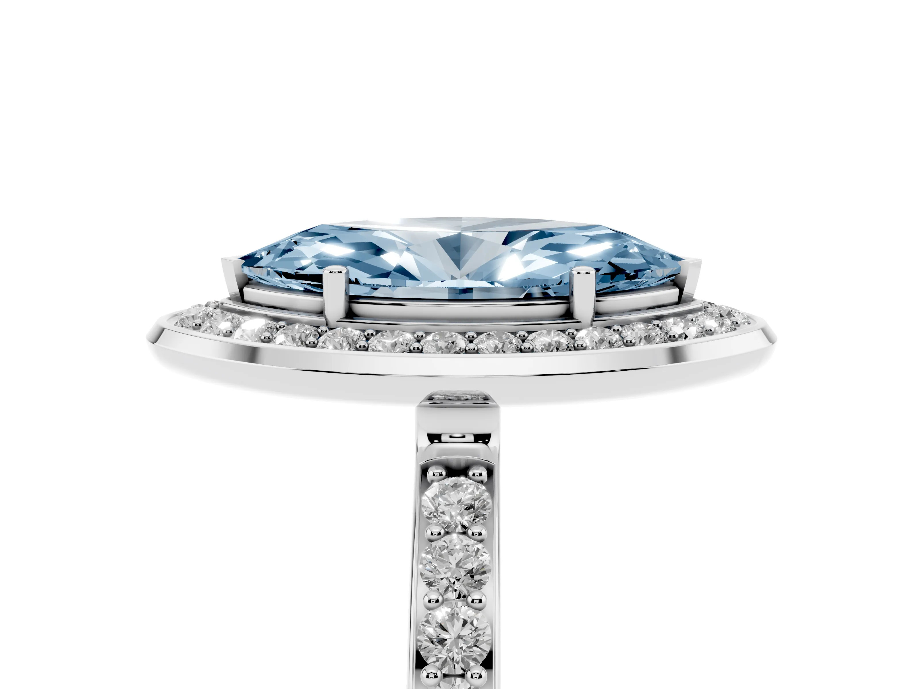Fancy Blue Marquise Cut Diamond Halo Ring Set in White gold with Bezel Frame and Pavé Band