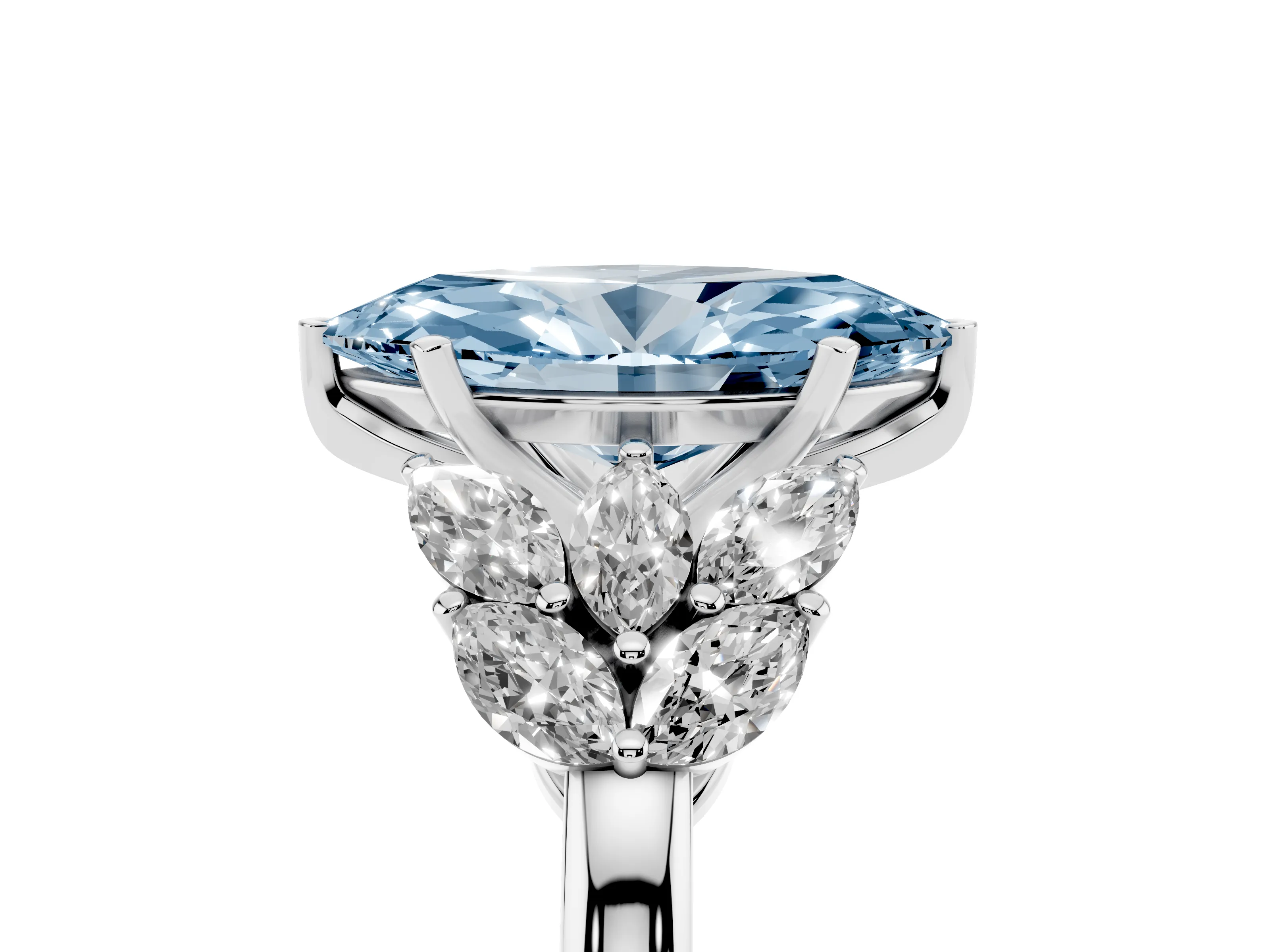 Fancy Blue Marquise Cut Diamond Cluster Leaf Design Ring Set in Platinum with Prong Setting