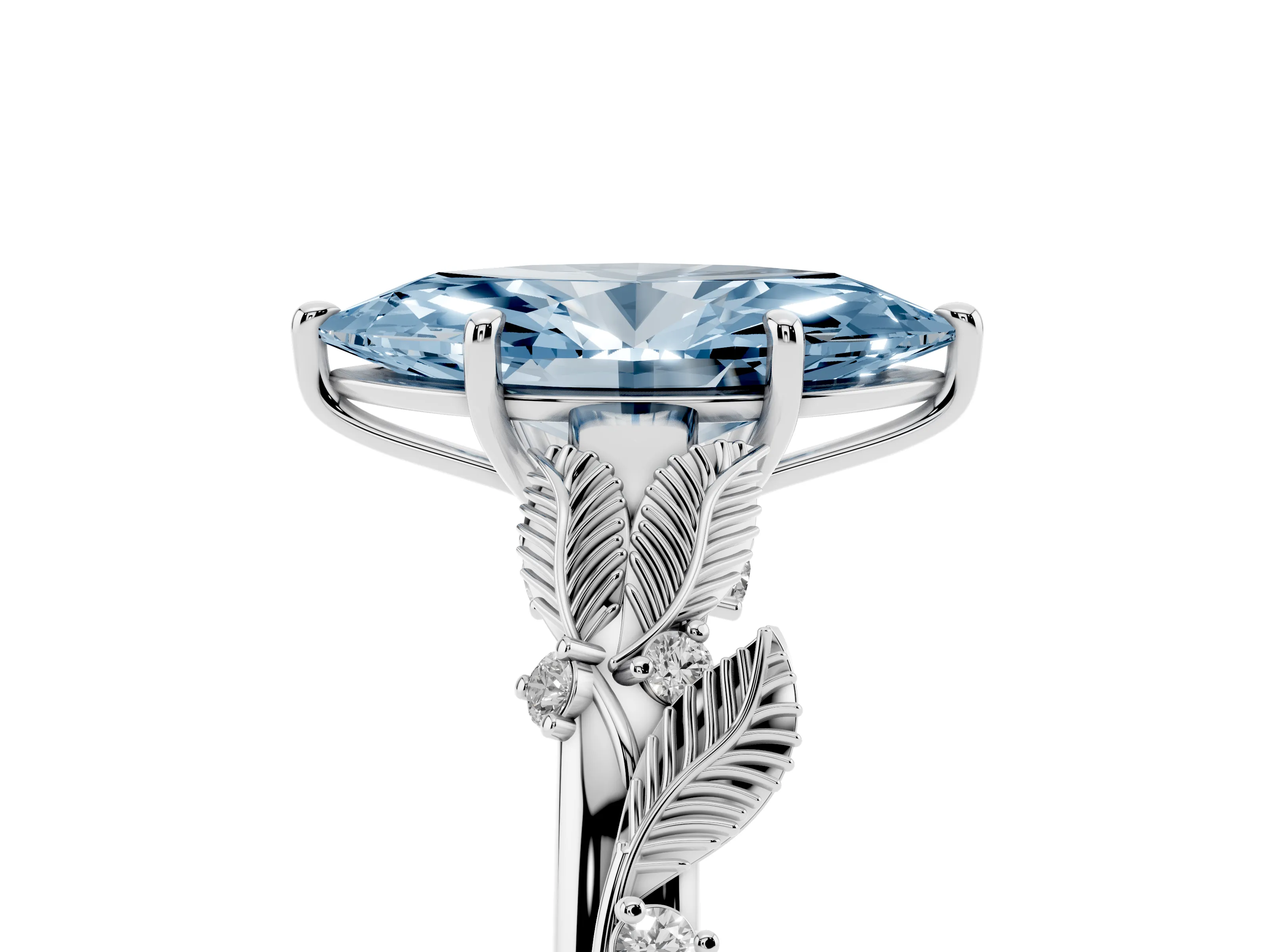 Fancy Blue Marquise Cut Diamond Solitaire Ring Set in Platinum with Leaf Motif Band