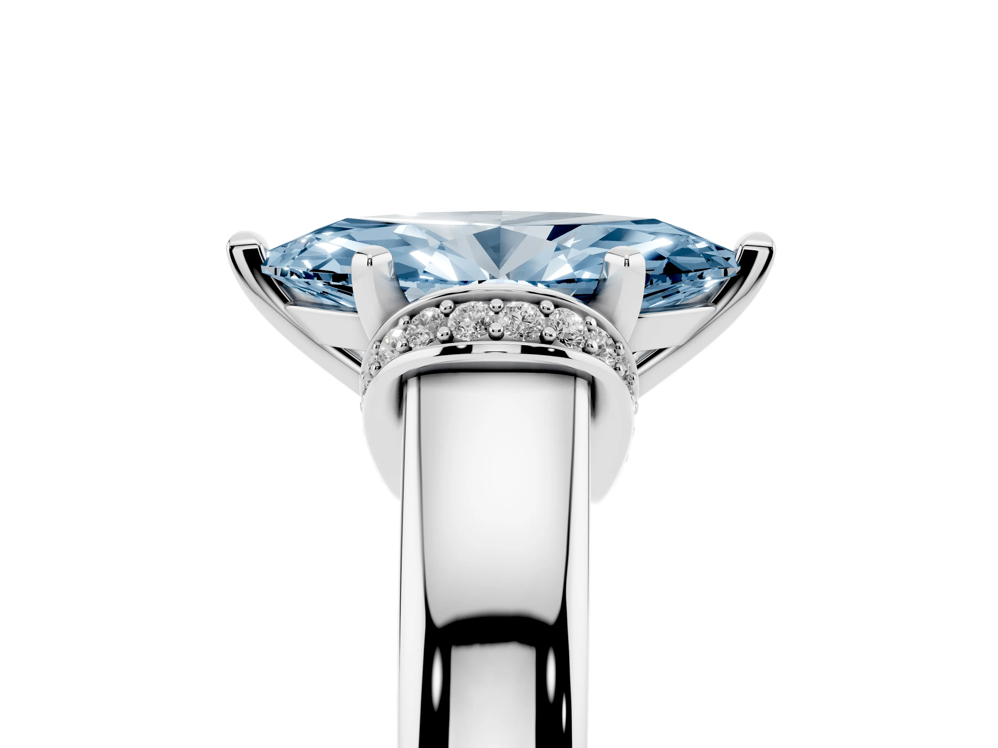 Fancy Blue Marquise Cut Diamond Pavé Band Solitaire Ring Set in Silver with Prong Setting
