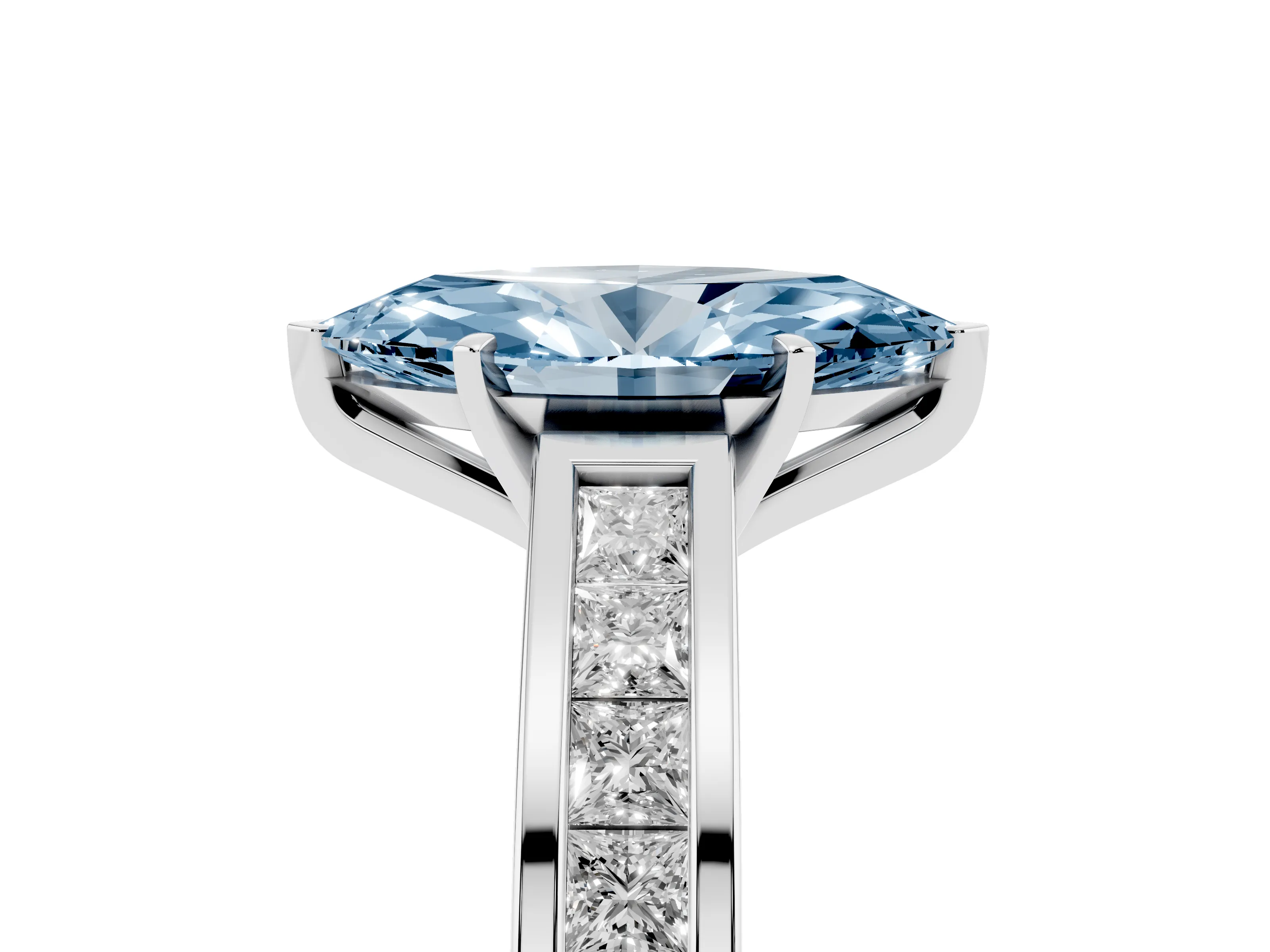 Fancy Blue Marquise Cut Diamond Solitaire Ring Set in Platinum with Channel-Set Band and Prong Setting