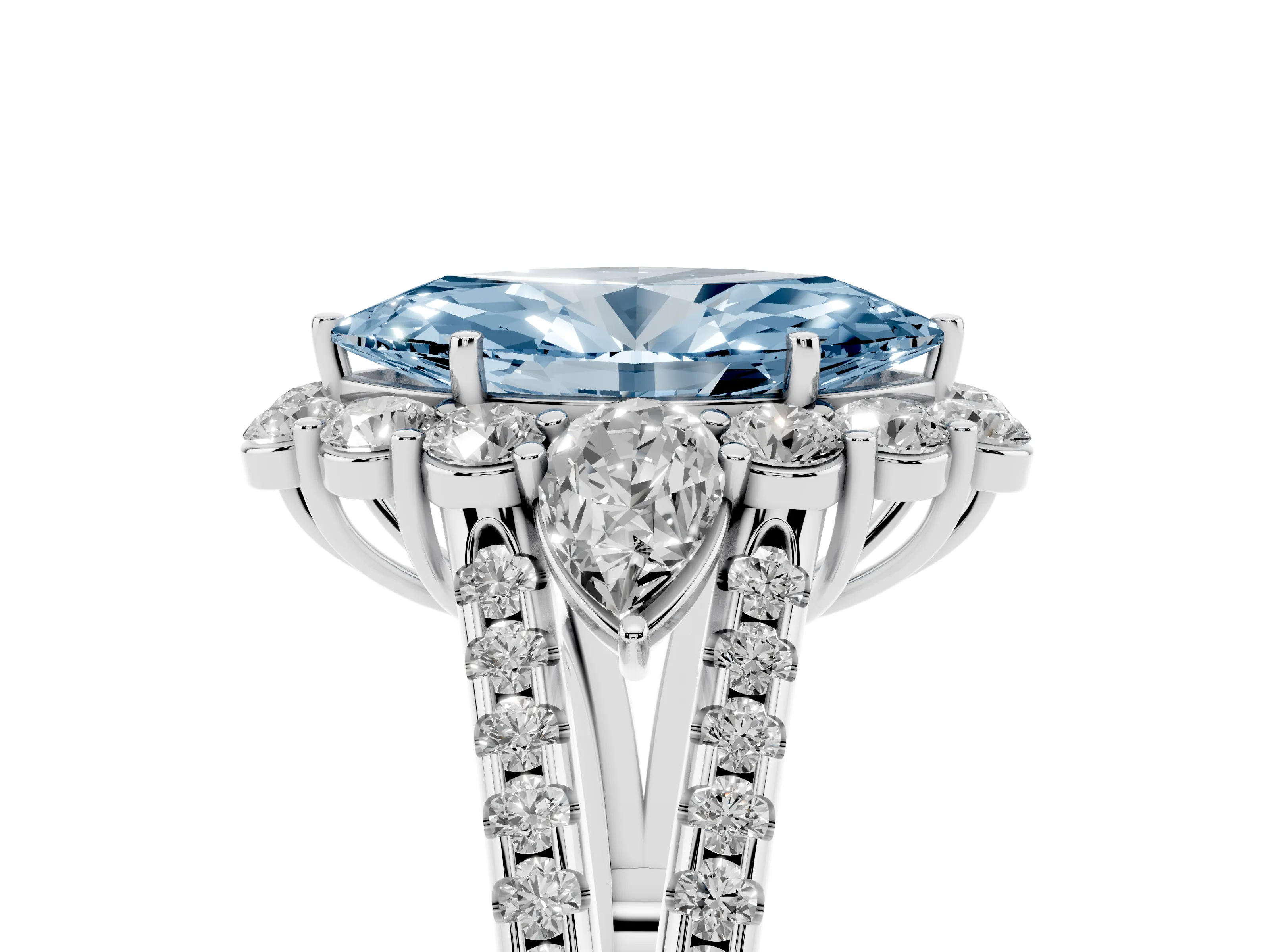 Fancy Blue Marquise Cut Diamond Halo Split Shank Engagement Ring Set in Silver with Prong-Held Center Stone