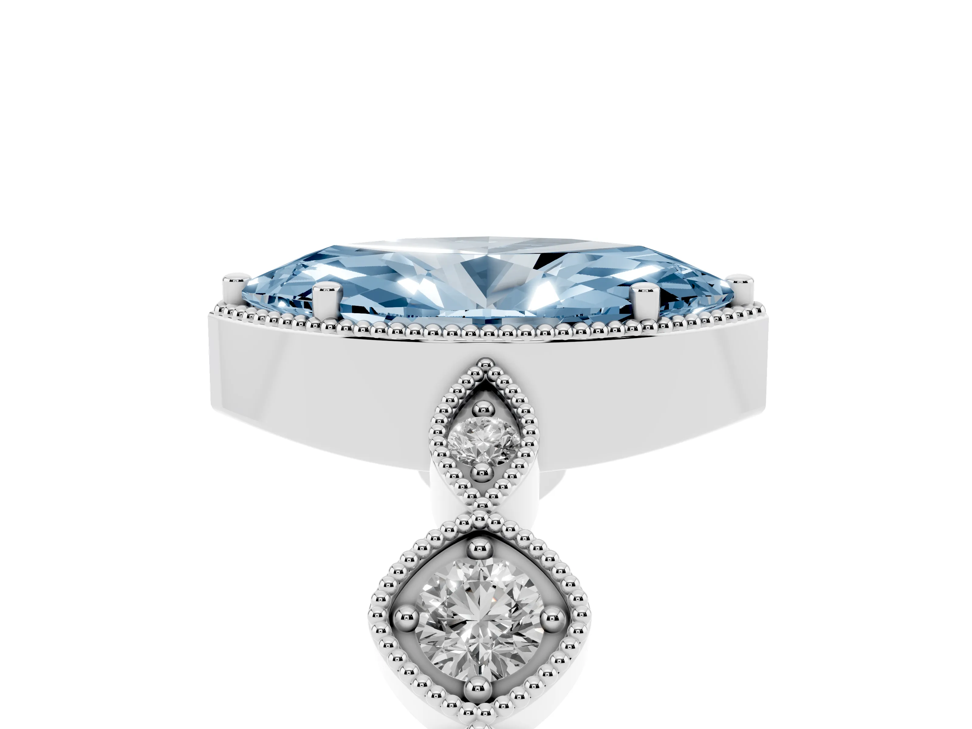 Fancy Blue Marquise Cut Diamond Vintage-Inspired Milgrain Ring Set in White gold with Marquise Stations of Round Accents