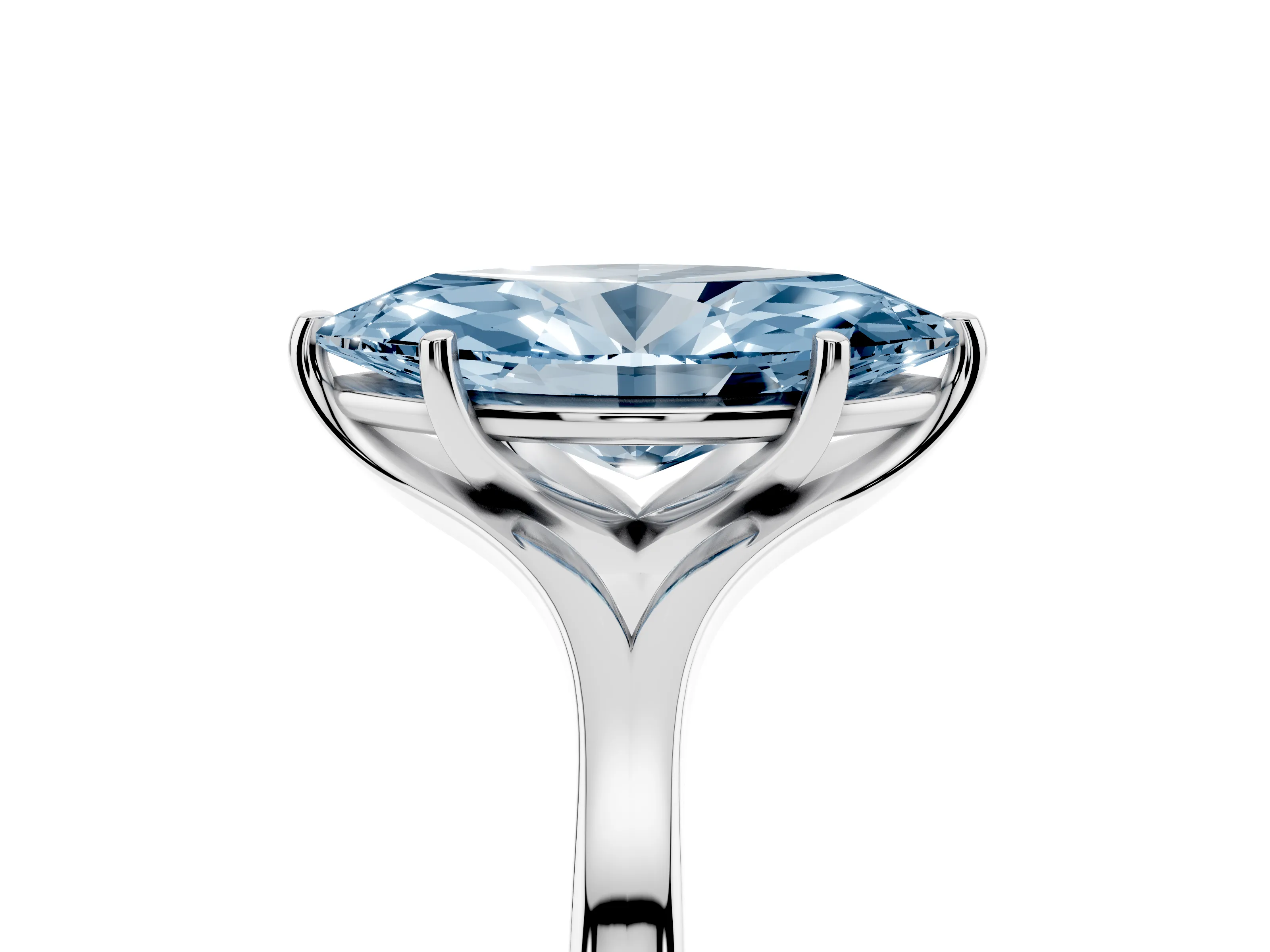 Fancy Blue Marquise Cut Diamond Solitaire Ring Set in Platinum with Polished Tapered Band and Prong Setting