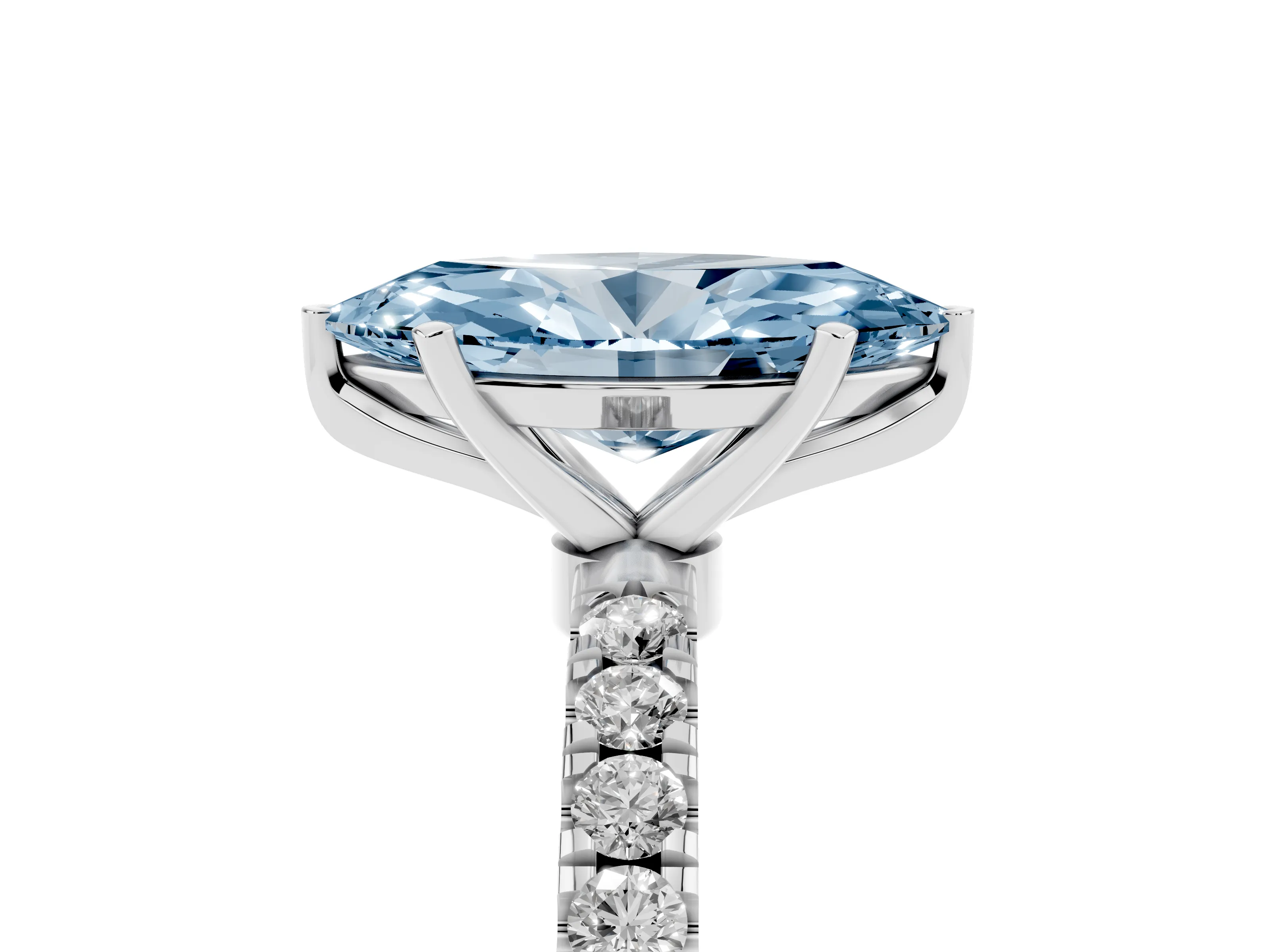 Fancy Blue Marquise Cut Diamond Solitaire Ring Set in White gold with Pavé Accents and Prong Setting