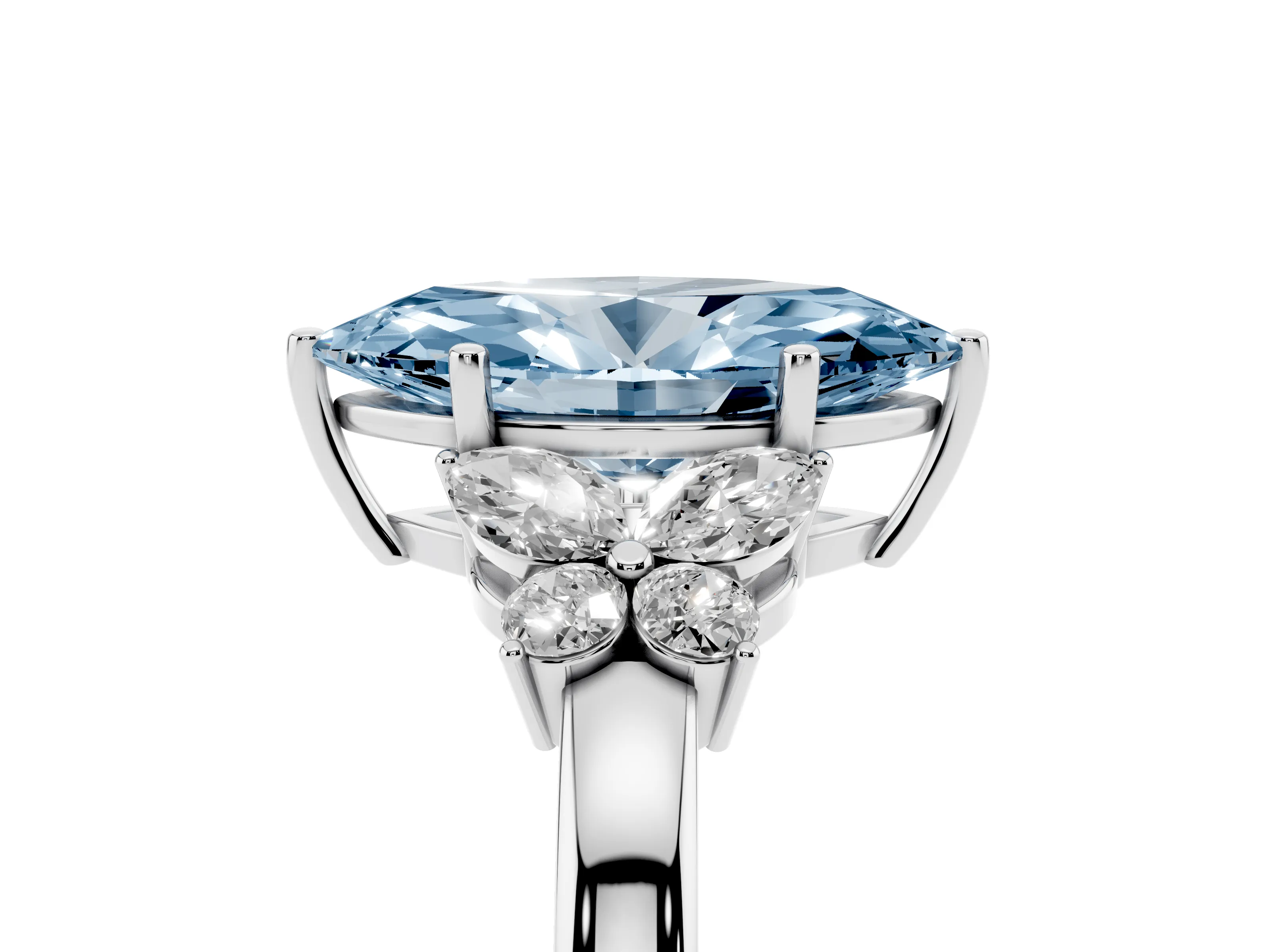 Fancy Blue Marquise Cut Diamond Solitaire Floral Ring Set in Platinum with Marquise Petals and Prong Setting
