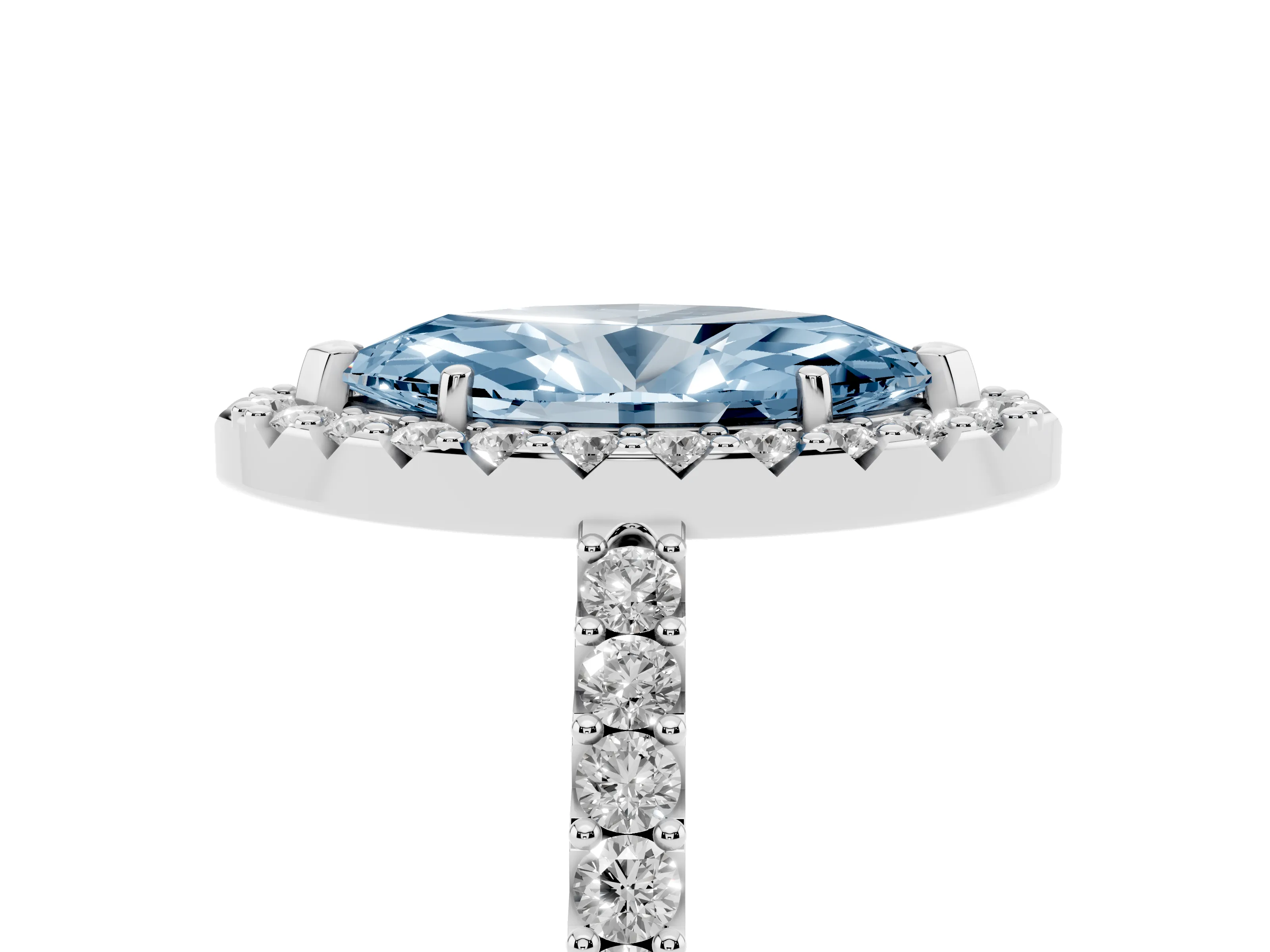 Fancy Blue Marquise Cut Diamond Halo Pavé Solitaire Ring Set in Platinum with Prong-Set Center Stone