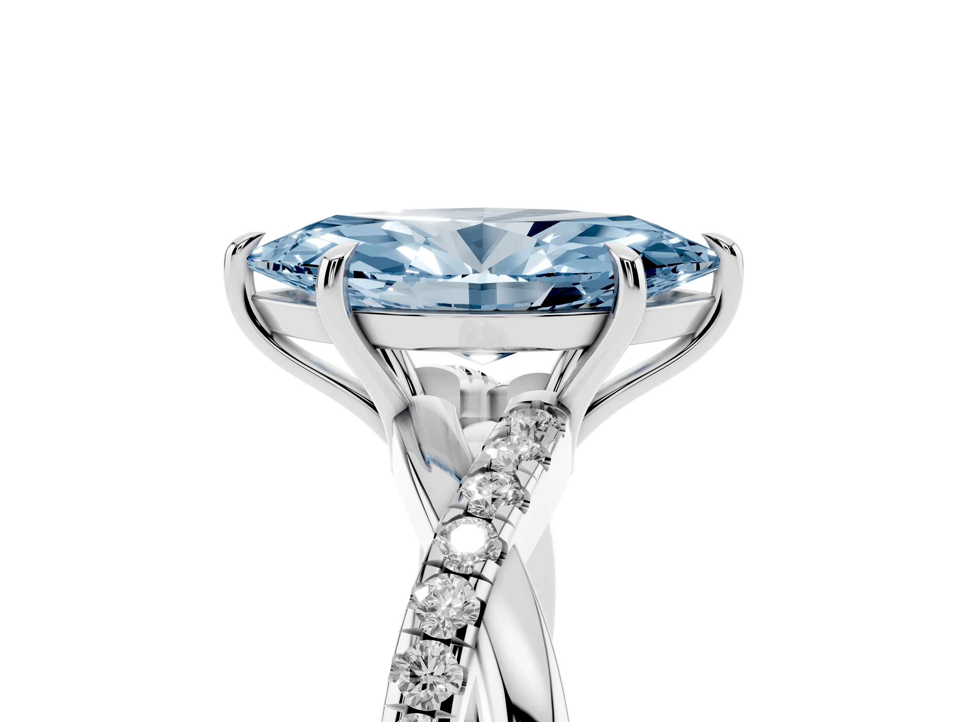 Fancy Blue Marquise Cut Diamond Twisted Pavé Band Ring Set in Platinum with Prong Setting
