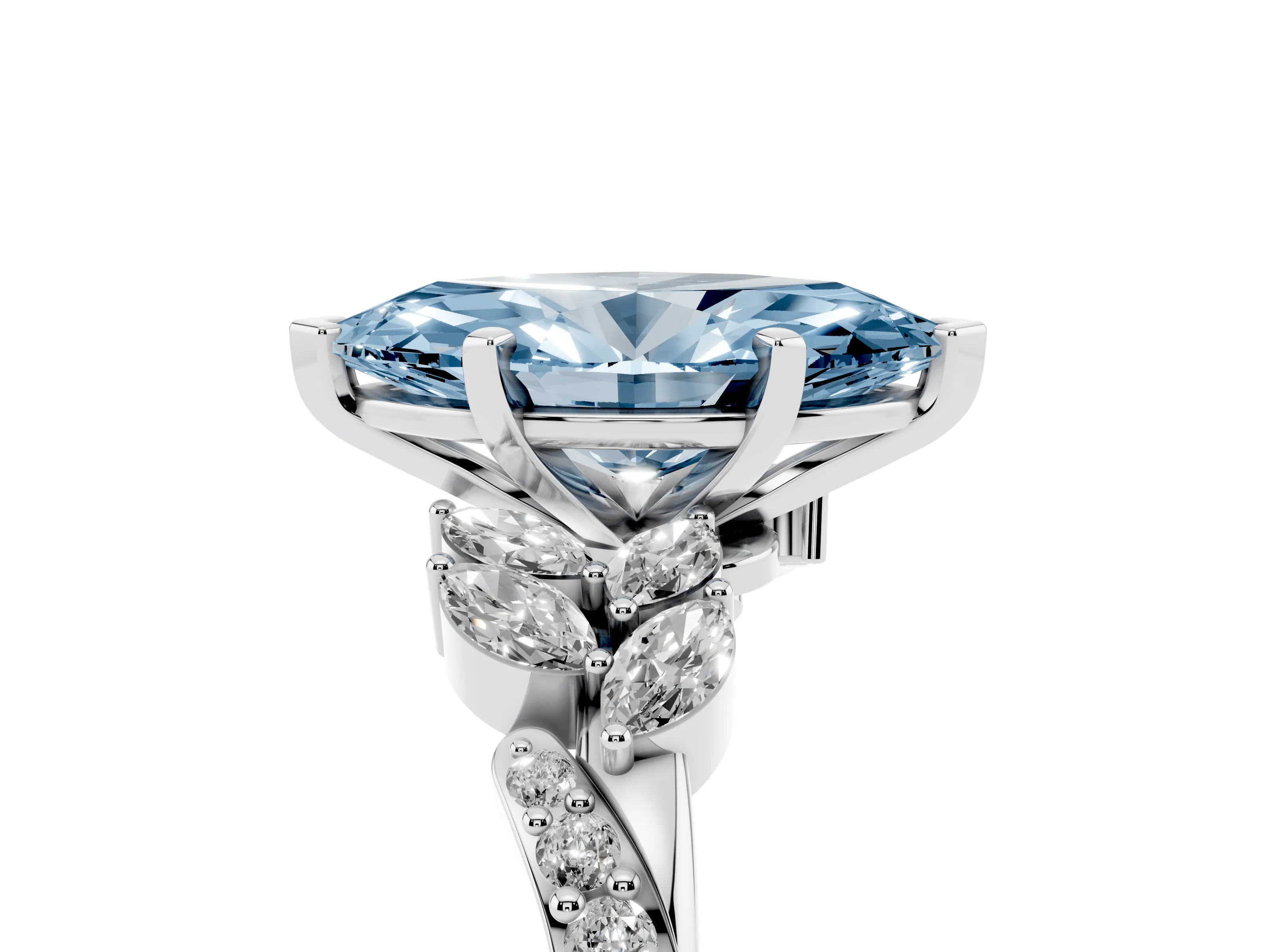 Fancy Blue Marquise Cut Diamond Solitaire Ring Set in White gold with Marquise Twist Band and Prong Setting