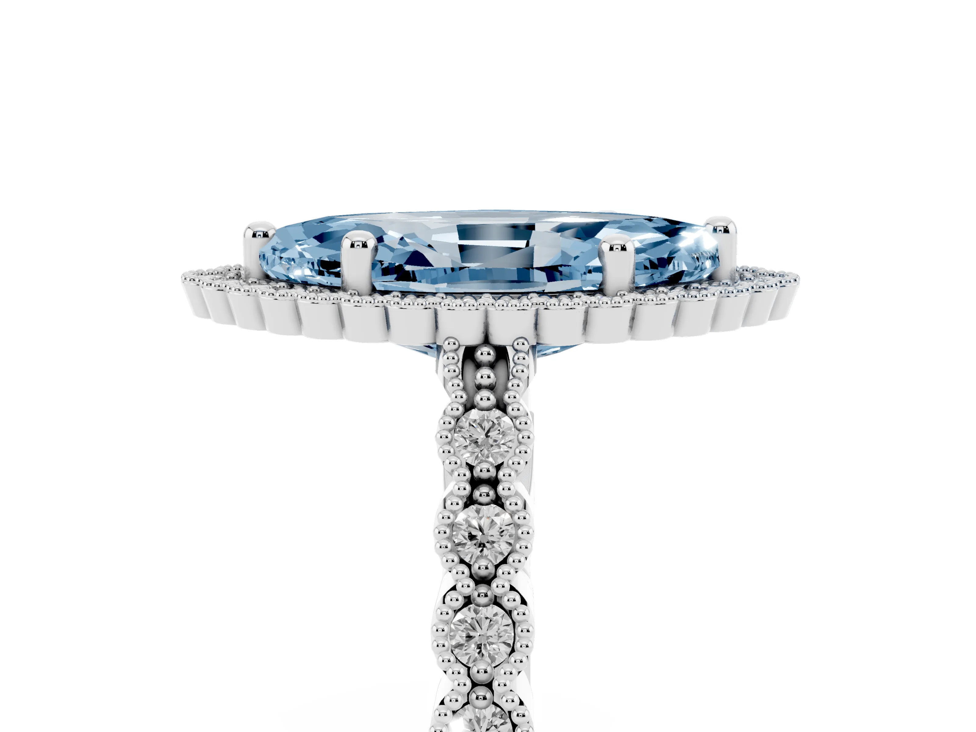 Fancy Blue Marquise Cut Diamond Halo Ring Set in White gold with Pavé Milgrain Band