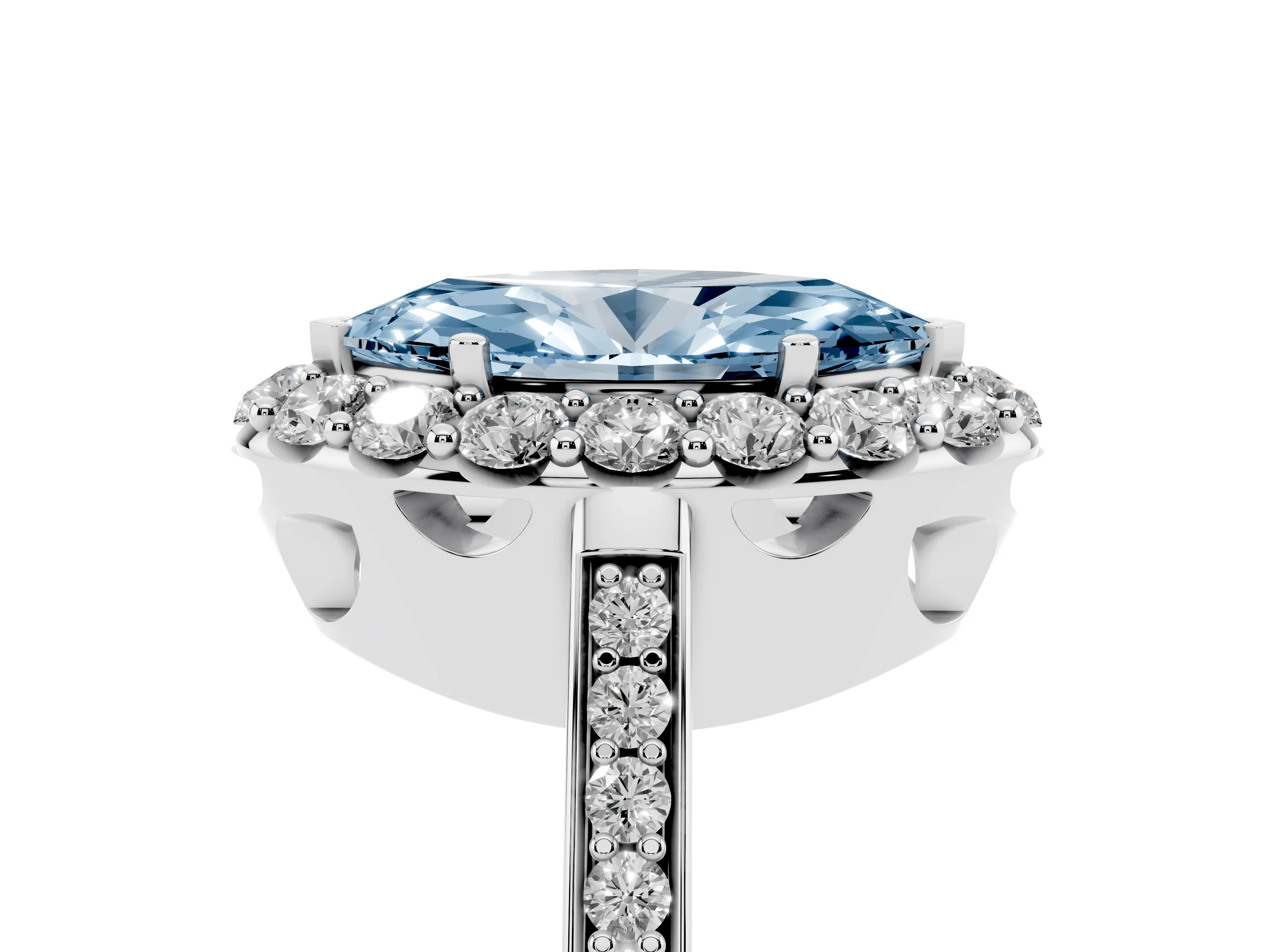 Fancy Blue Marquise Cut Diamond Floral Halo Ring Set in Silver with Pavé Band and Prong Setting