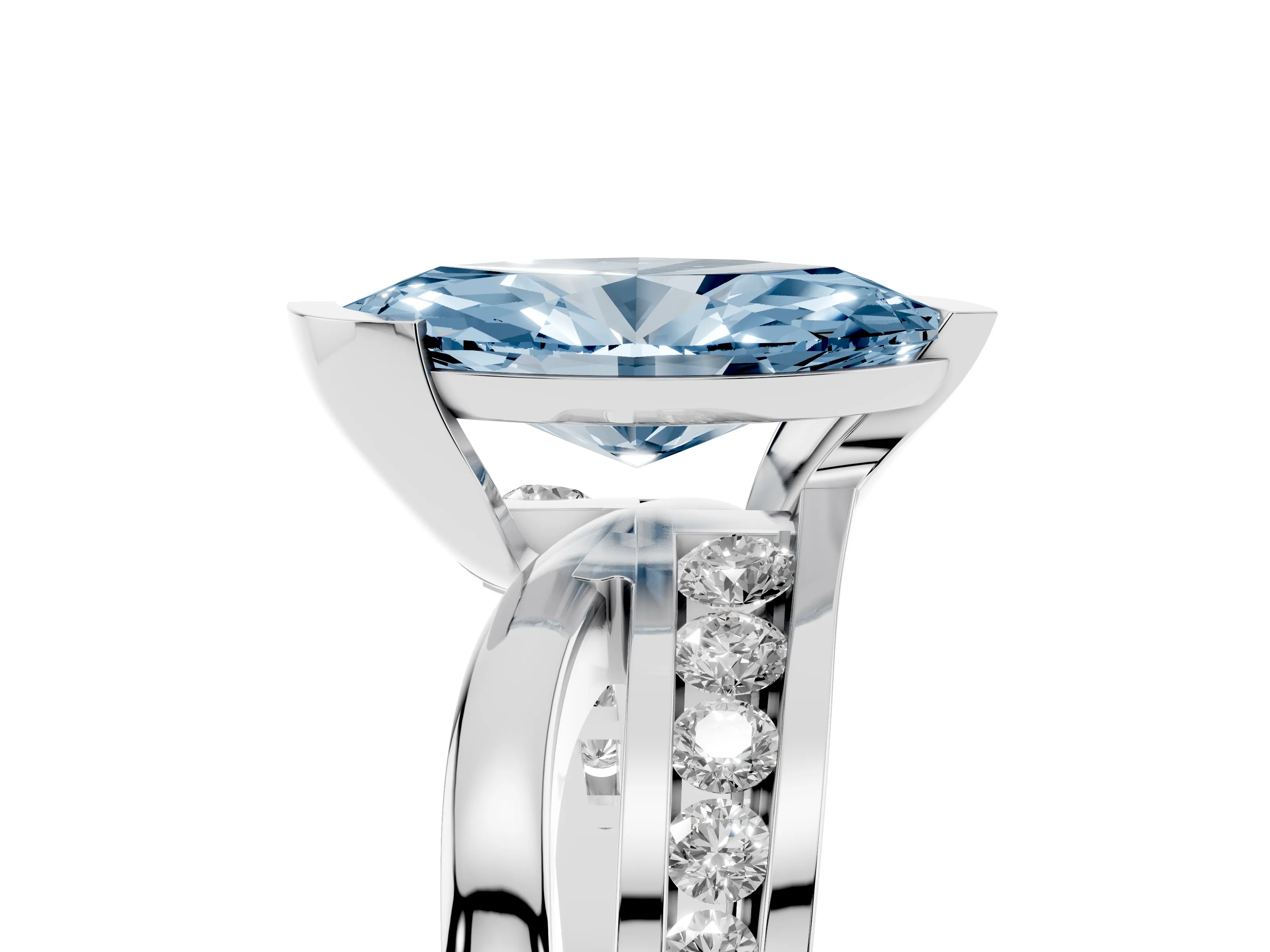 Fancy Blue Marquise Cut Diamond Solitaire Ring Set in Platinum with Channel Set Split Shank and Tension Prongs