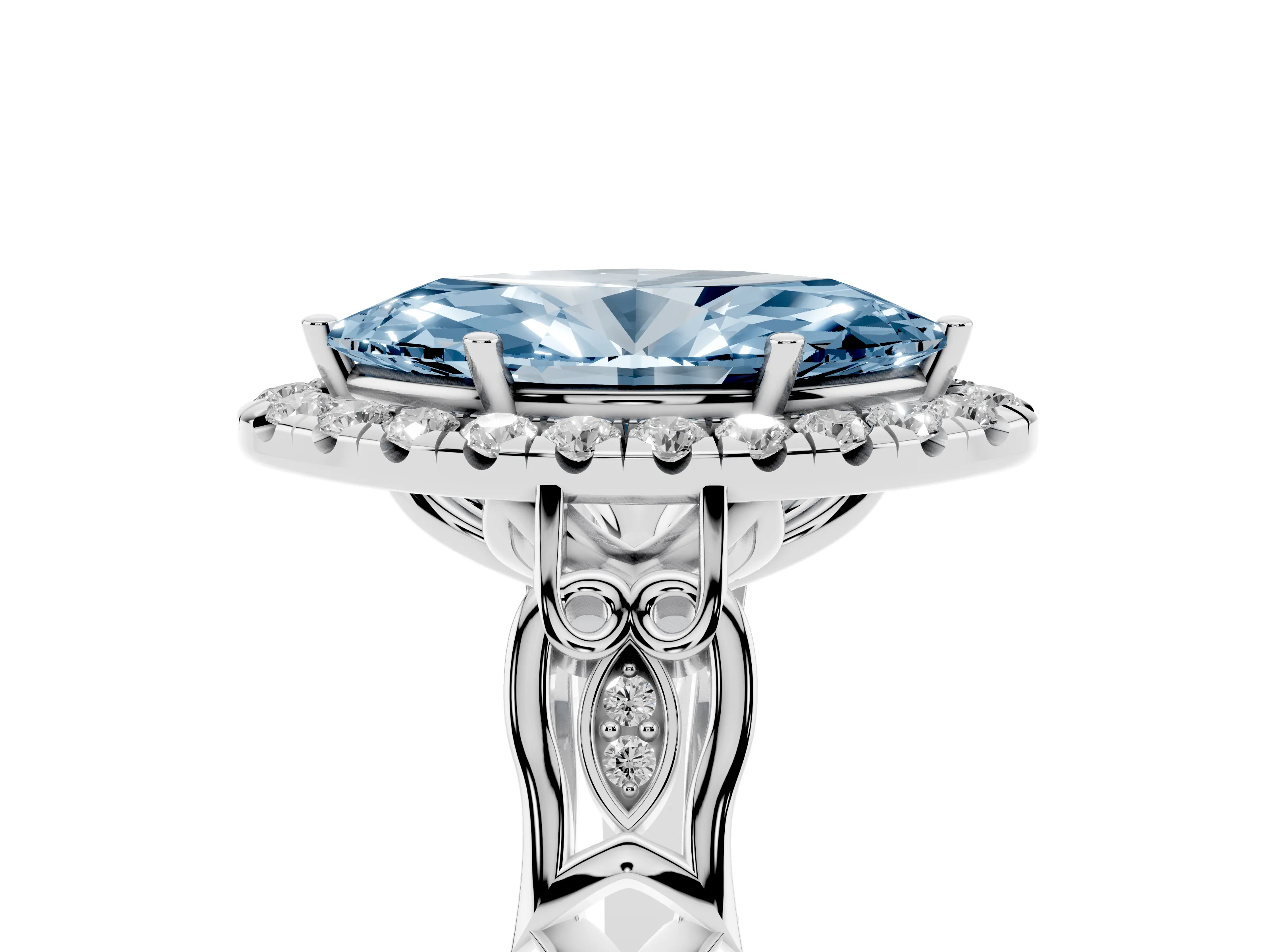 Fancy Blue Marquise Cut Diamond Halo Engagement Ring Set in White gold with Filigree Band and Prong-Set Center