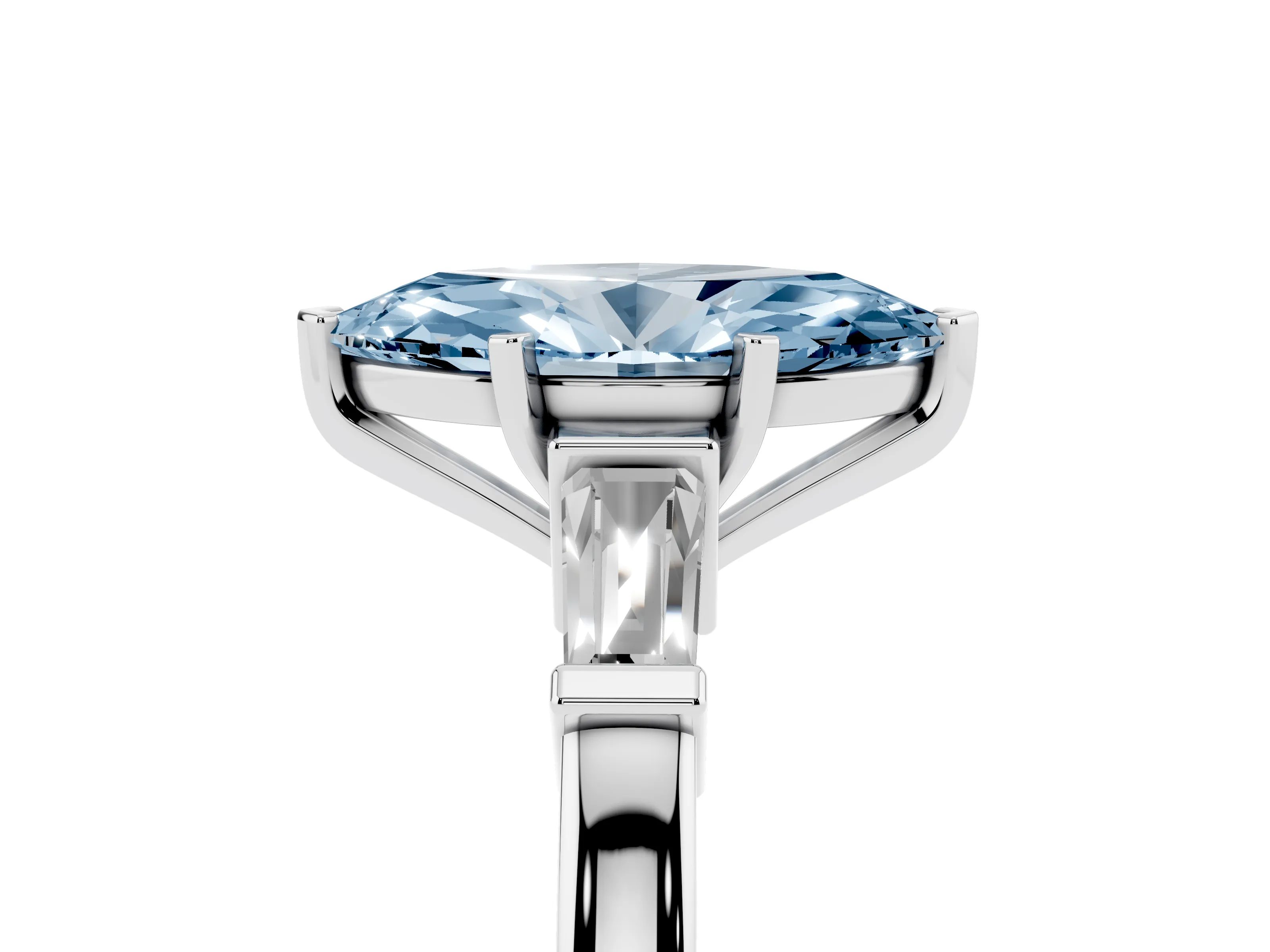 Fancy Blue Marquise Cut Diamond Solitaire Ring Set in White gold with Tapered Baguette Accents and Prong Setting