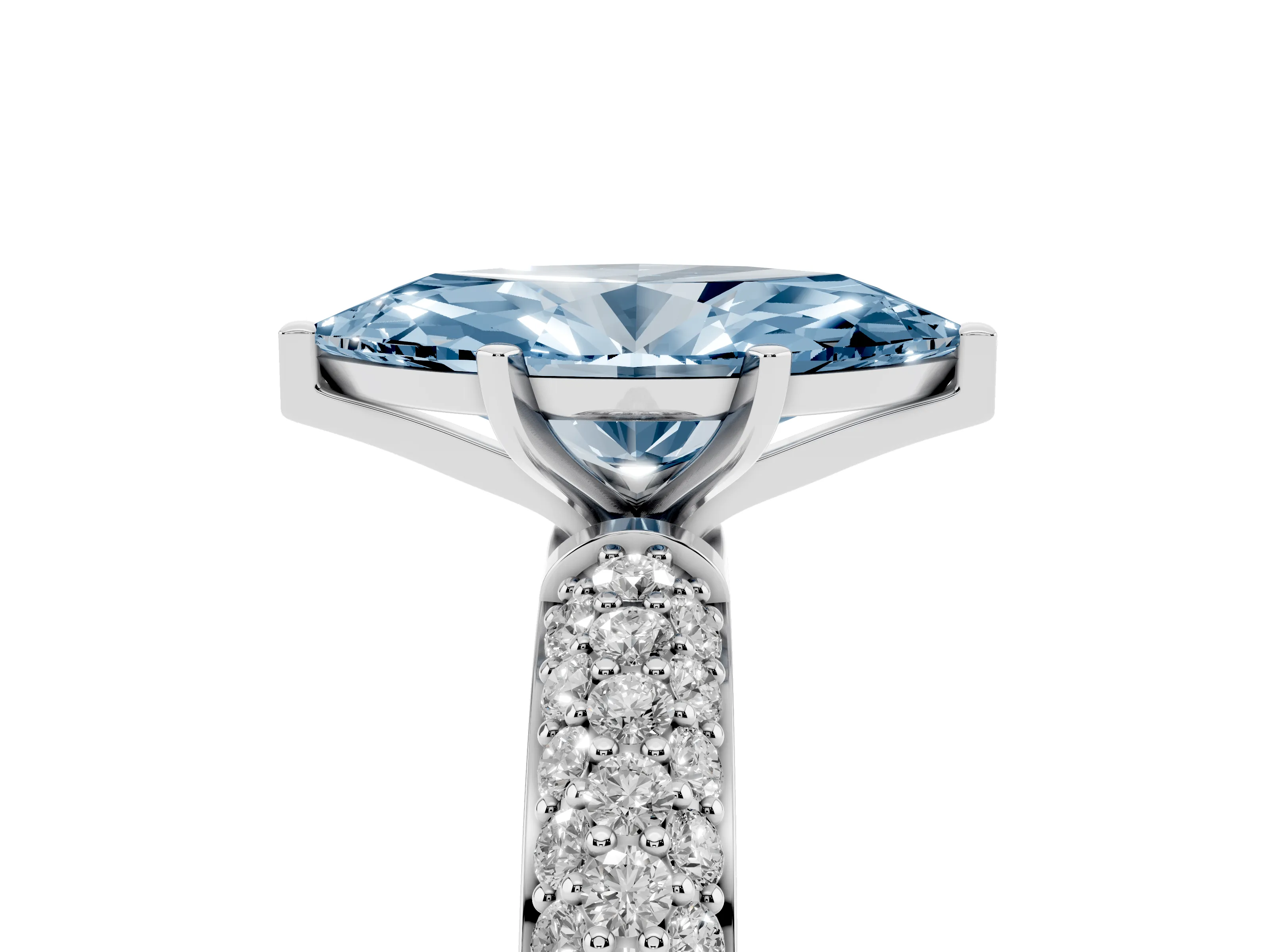 Fancy Blue Marquise Cut Diamond Solitaire Ring Set in White gold with Prong Setting and Pavé-Set Band