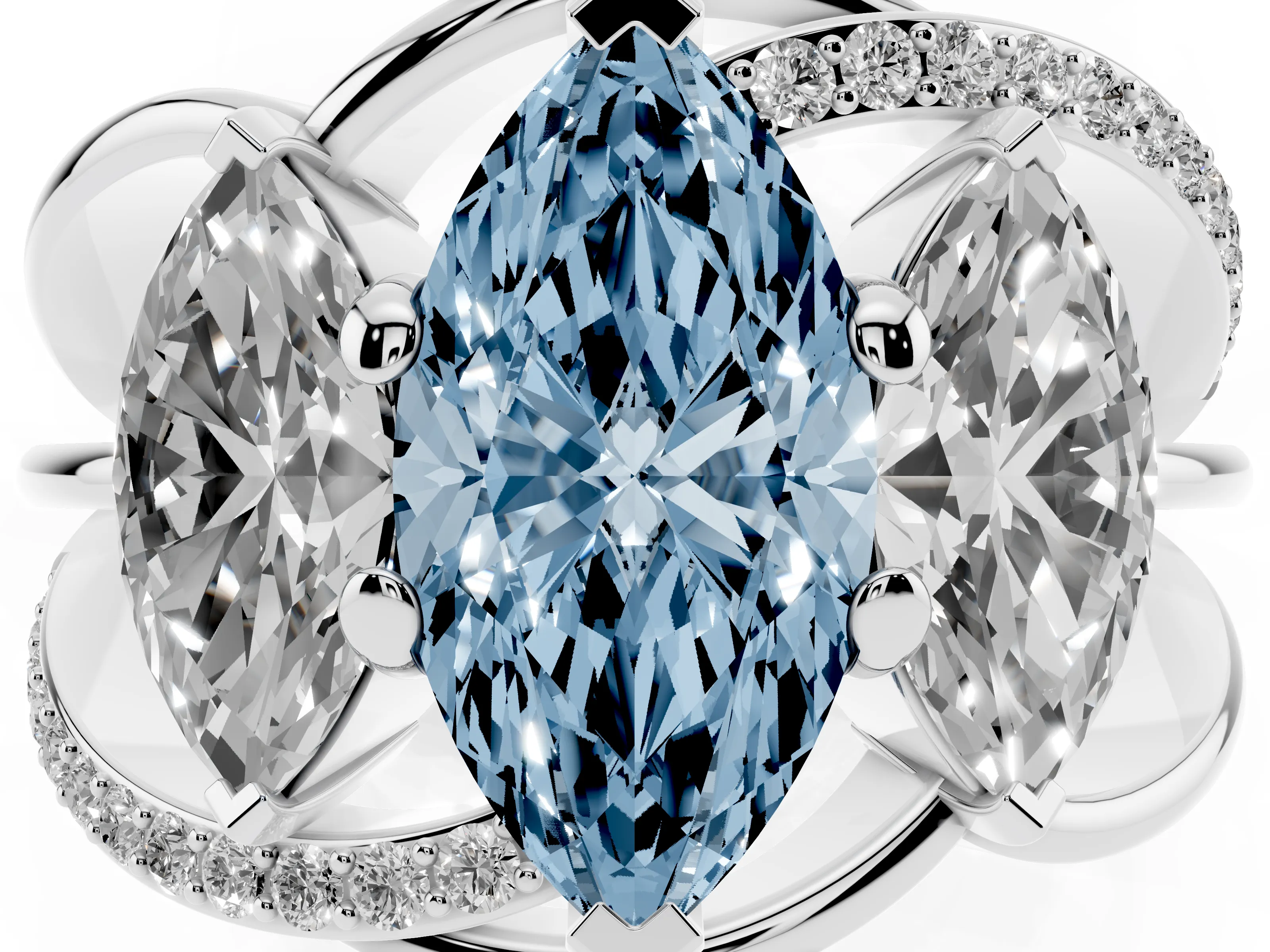 Fancy Blue Marquise Cut Diamond Three-Stone Ring Set in Platinum with Split Shank and Prong Setting