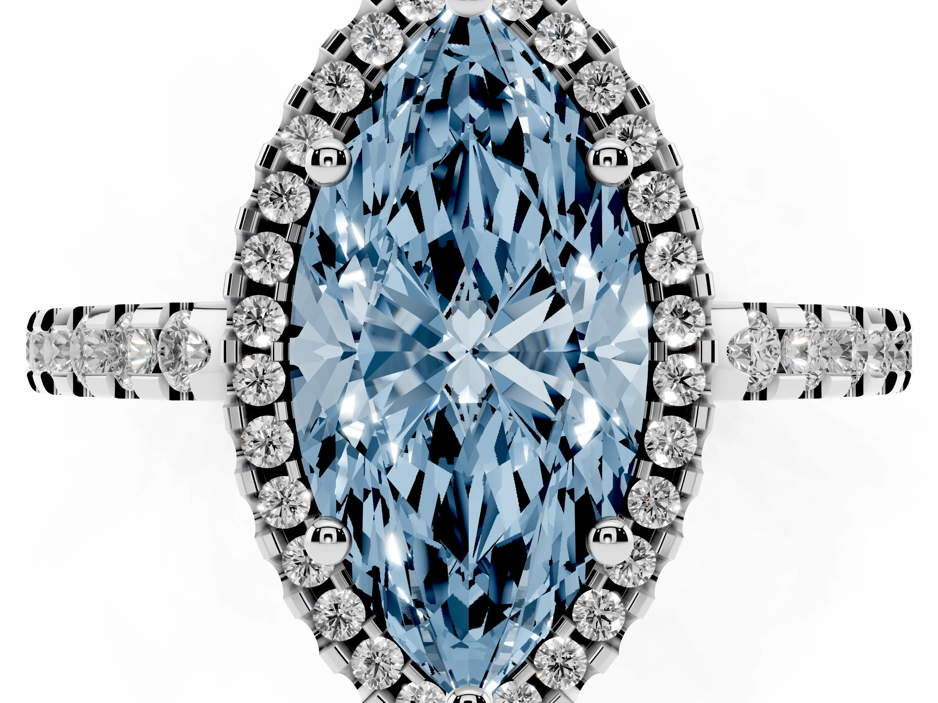 Fancy Blue Marquise Cut Diamond Halo Ring Set in Silver with Pavé Shoulders and Halo-Framed Center