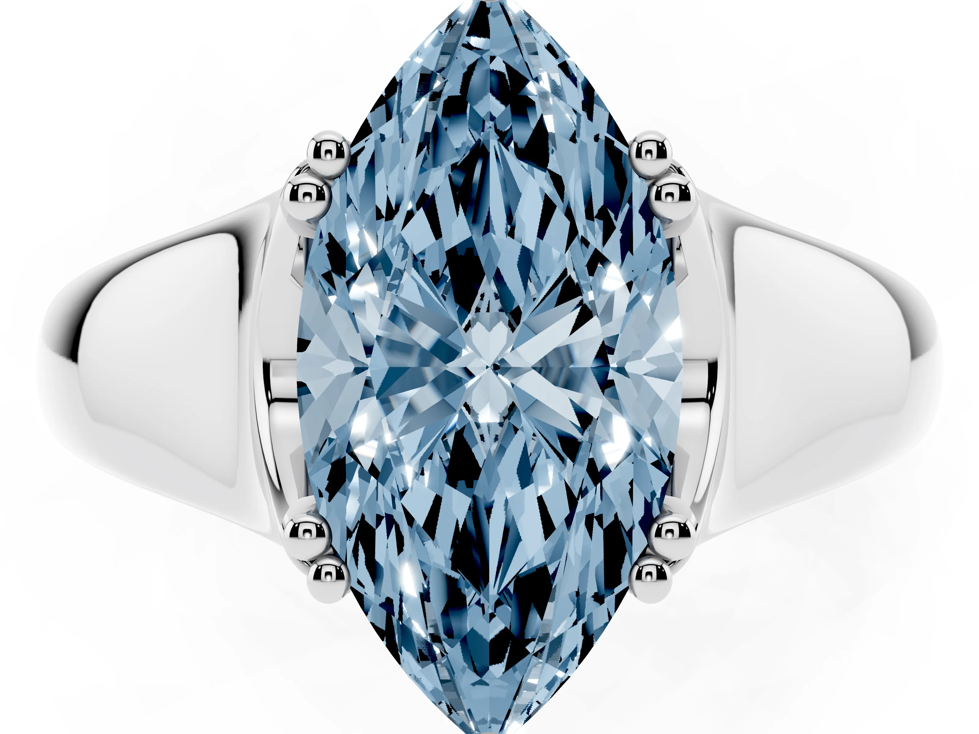Fancy Blue Marquise Cut Diamond Solitaire Ring Set in Silver with Wide Band and Prong Setting