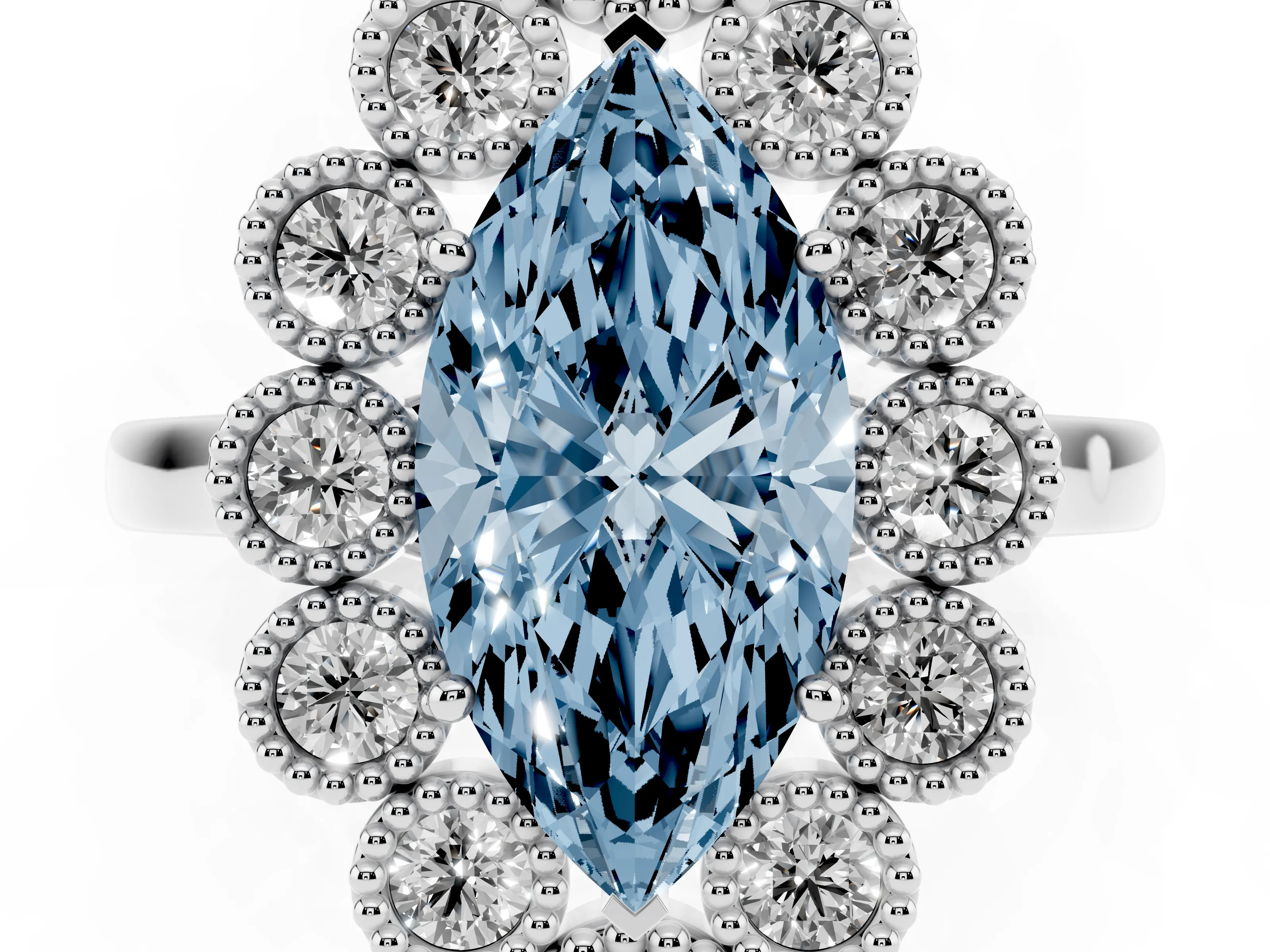 Fancy Blue Marquise Cut Diamond Cluster Halo Ring Set in Silver with Milgrain Bezel Accents and Plain Band
