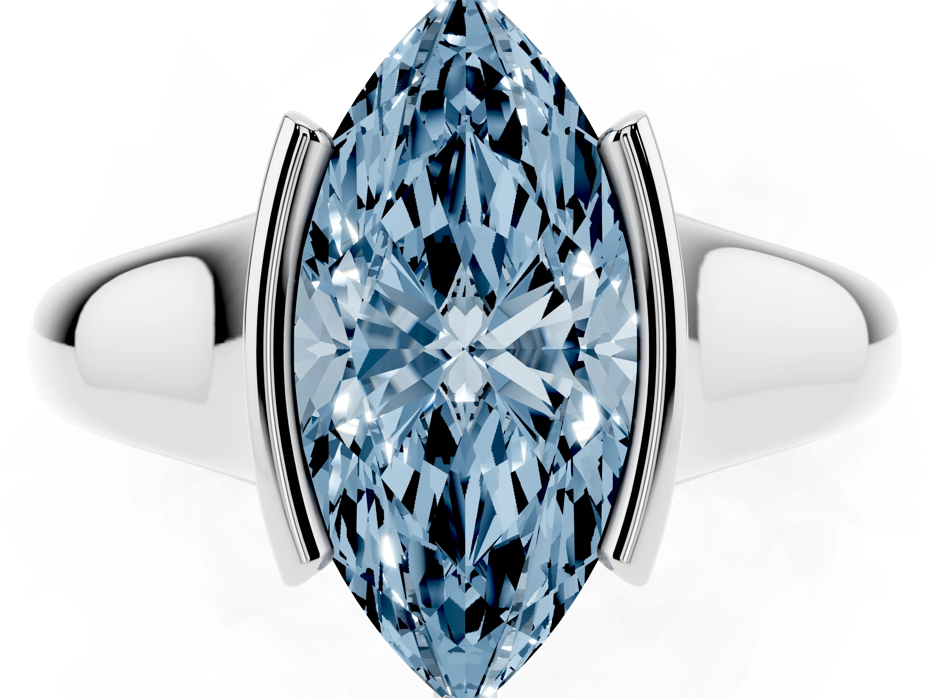 Fancy Blue Marquise Cut Diamond Solitaire Tension Set Ring Set in White gold with Split Shank Band