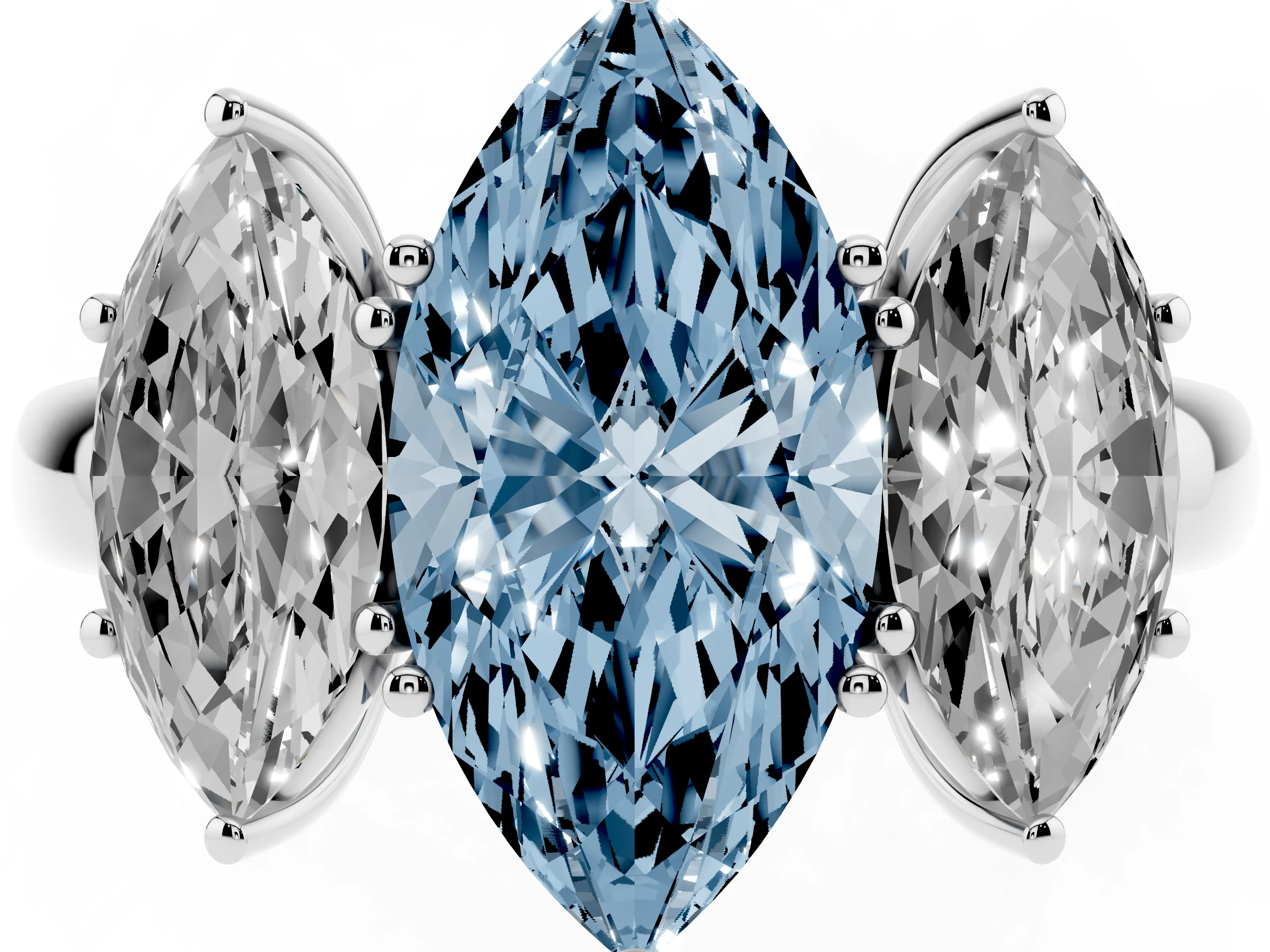 Fancy Blue Marquise Cut Diamond Three-Stone Ring Set in White gold with Bold Center and Classic Band