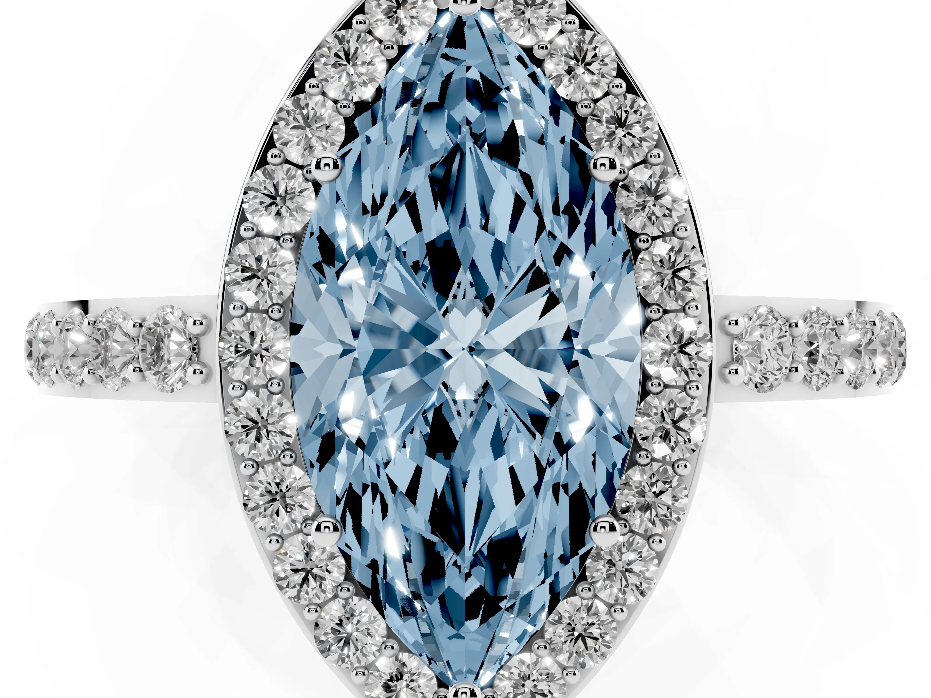 Fancy Blue Marquise Cut Diamond Halo Ring Set in White gold with Pavé-Setting Band and Open Prong Center