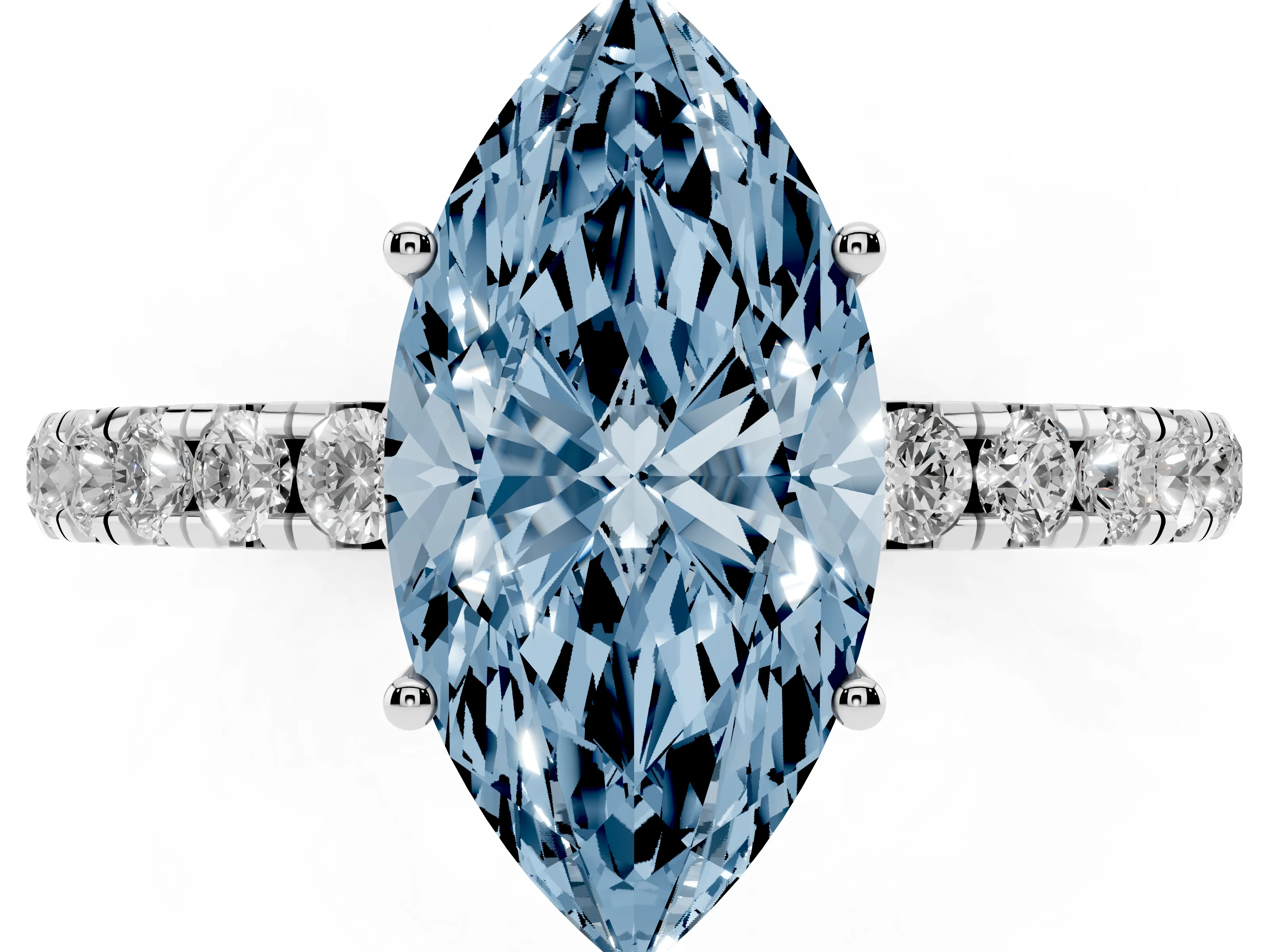 Fancy Blue Marquise Cut Diamond Pavé Solitaire Engagement Ring Set in White gold with Prong Setting