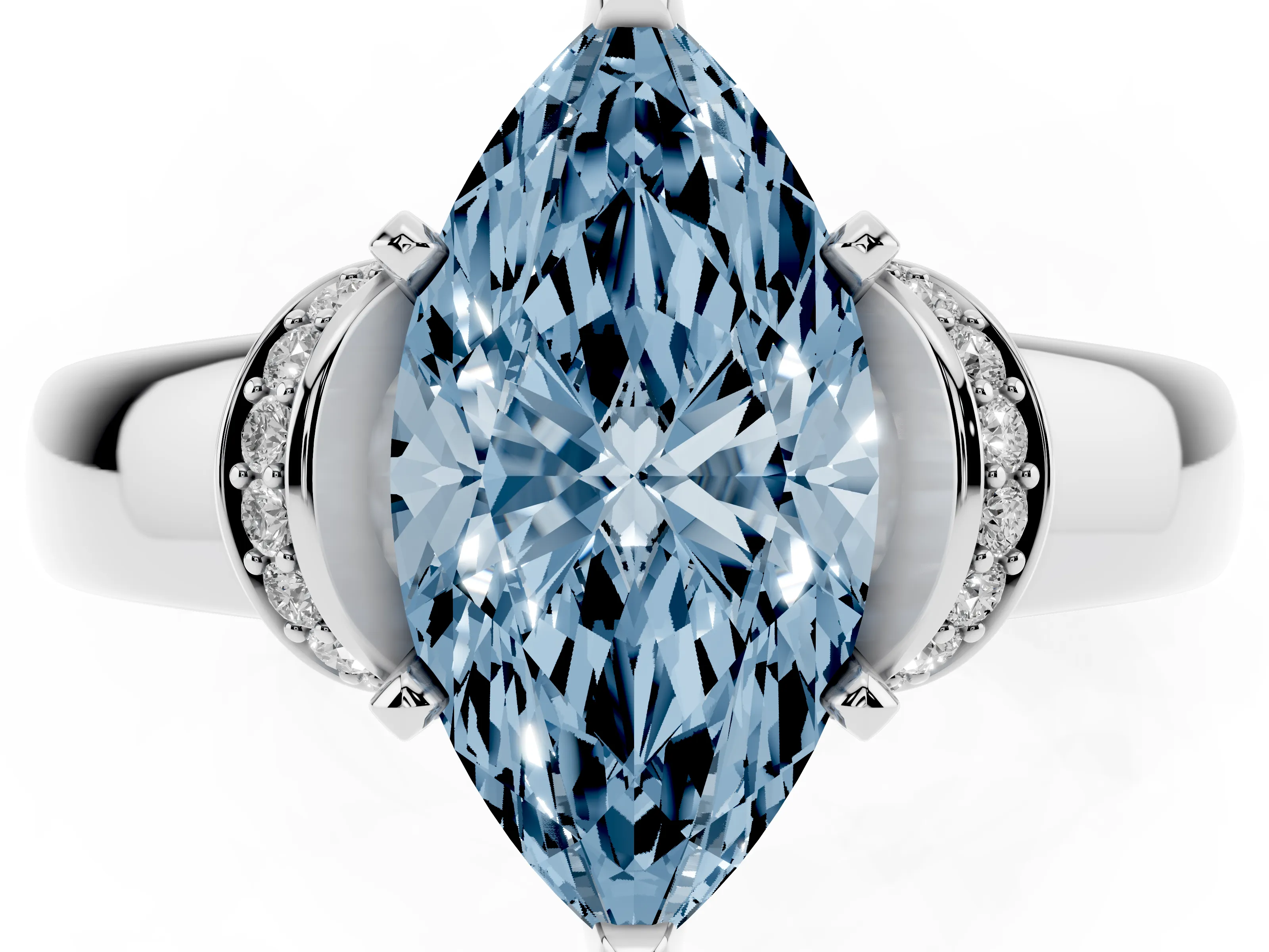 Fancy Blue Marquise Cut Diamond Pavé Band Solitaire Ring Set in Silver with Prong Setting