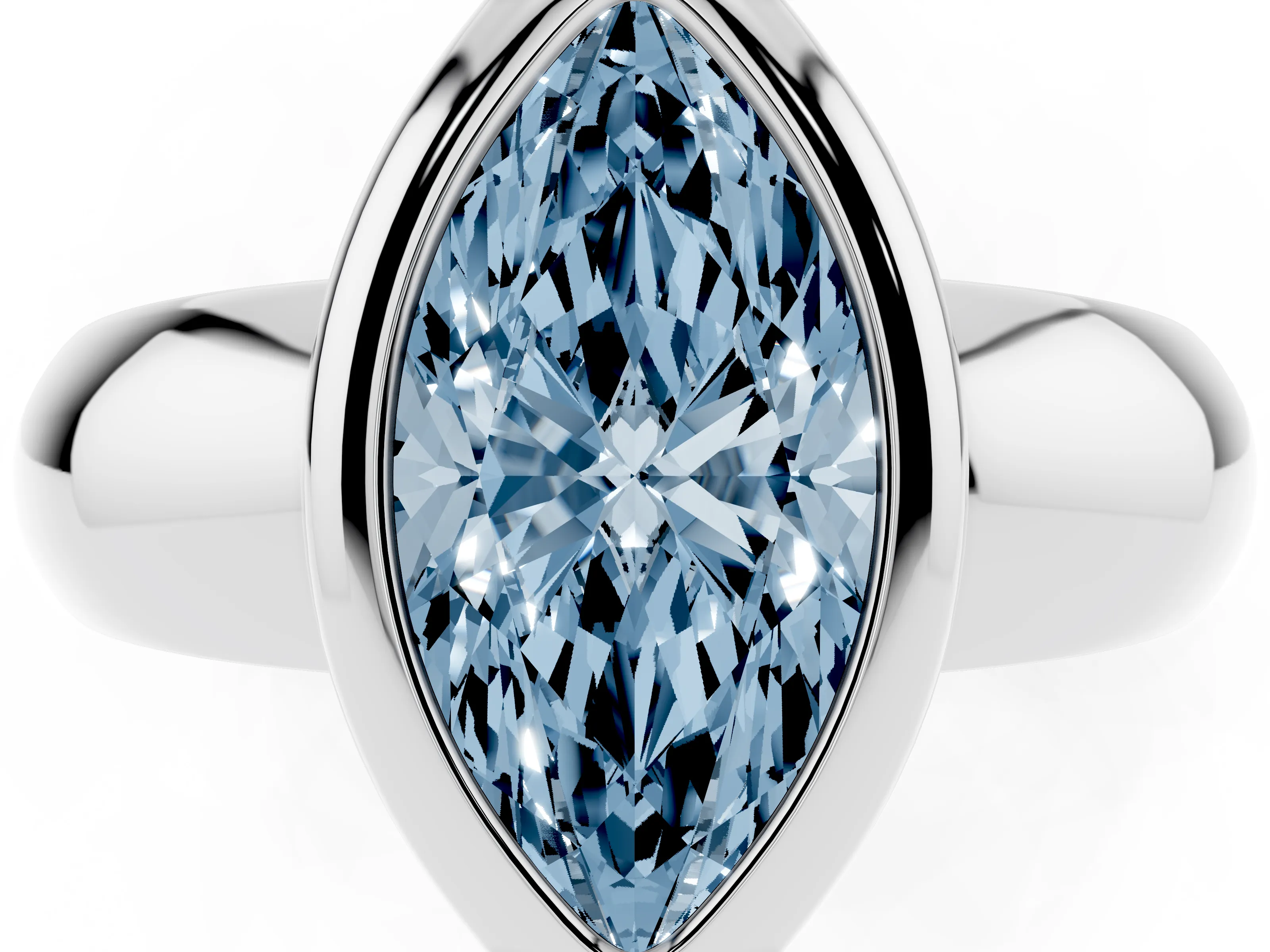 Fancy Blue Bezel Set Marquise Cut Diamond Solitaire Ring Set in Silver with Wide Band