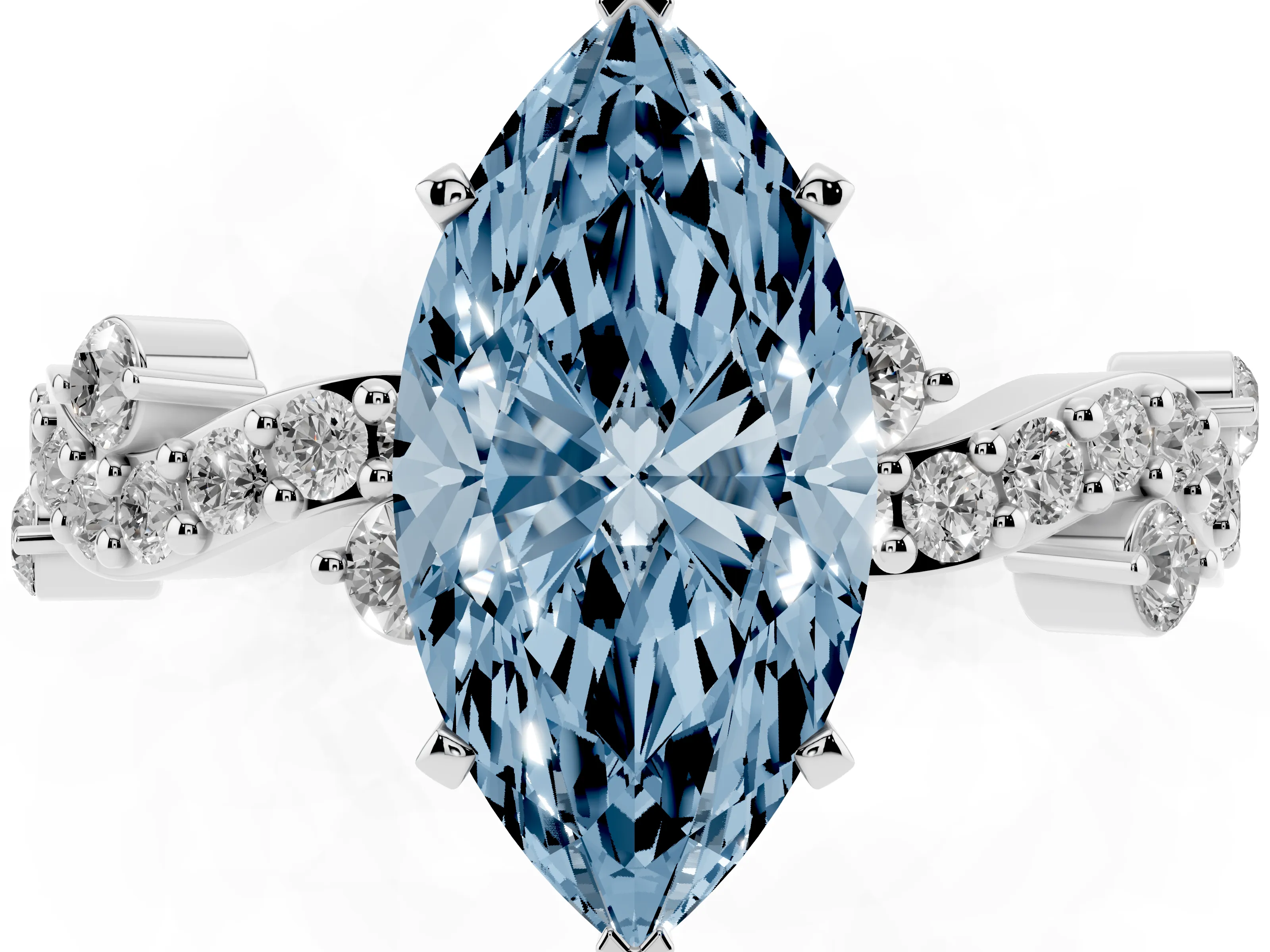 Fancy Blue Marquise Cut Diamond Solitaire Twisted Band Set in White gold with Pavé Setting
