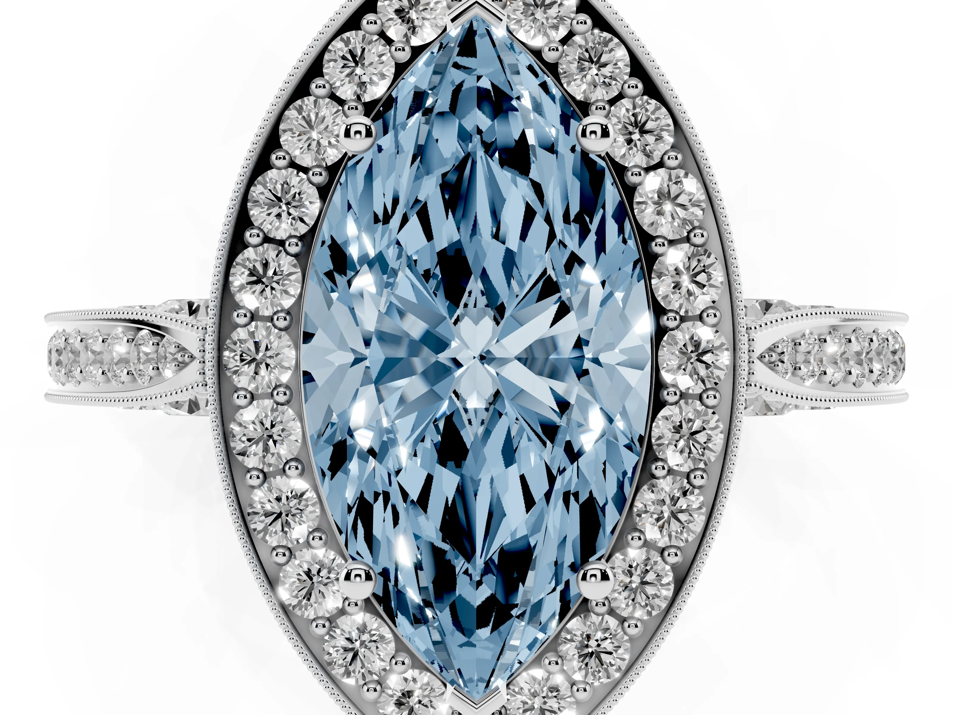 Fancy Blue Marquise Cut Diamond Halo Engagement Ring Set in Platinum with Accent Split Shank Band