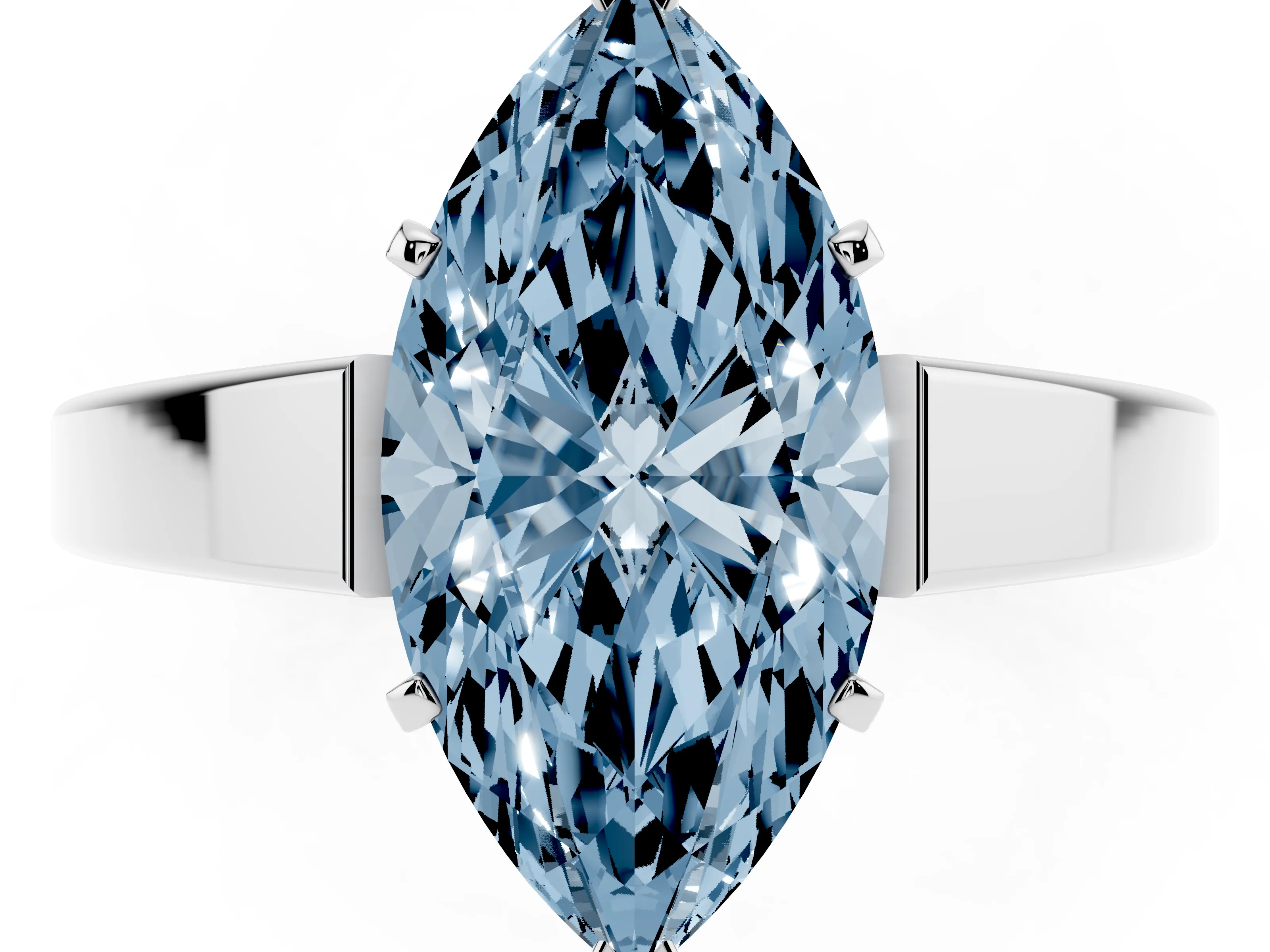 Fancy Blue Marquise Cut Diamond Solitaire Engagement Ring Set in White gold with Prong Setting and Tapered Band