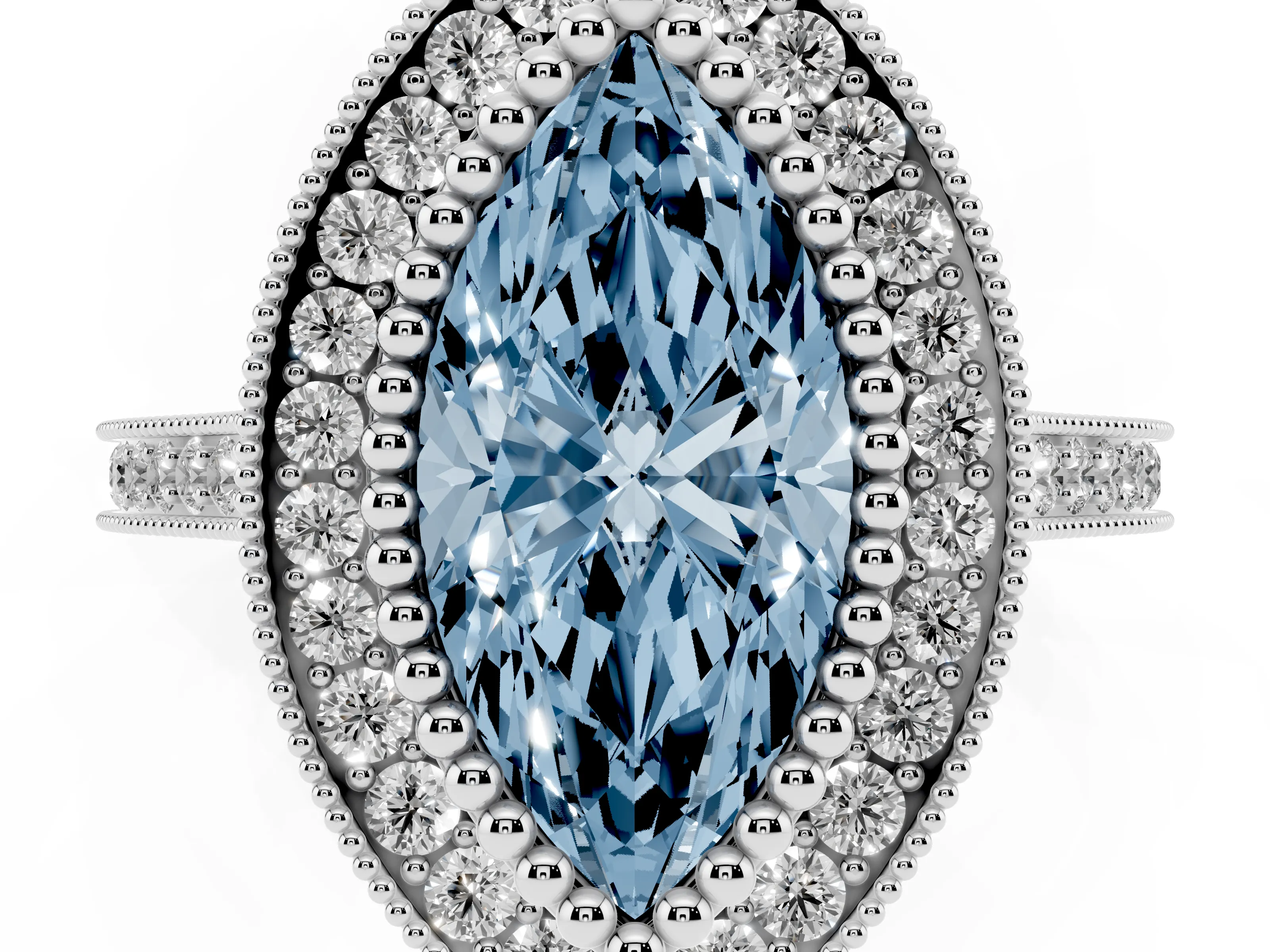 Fancy Blue Marquise Cut Diamond Halo Ring Set in Silver with Milgrain Frame and Pavé Band